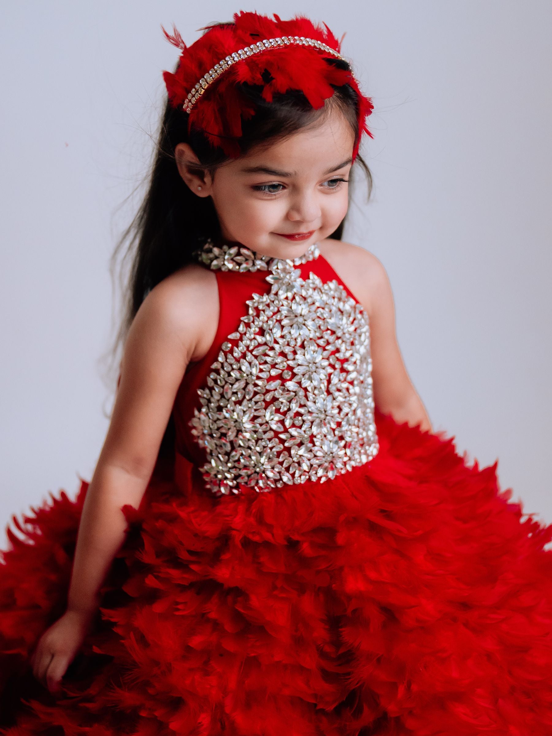 Feathered Ball Gown with Stone Embroidery Bodies