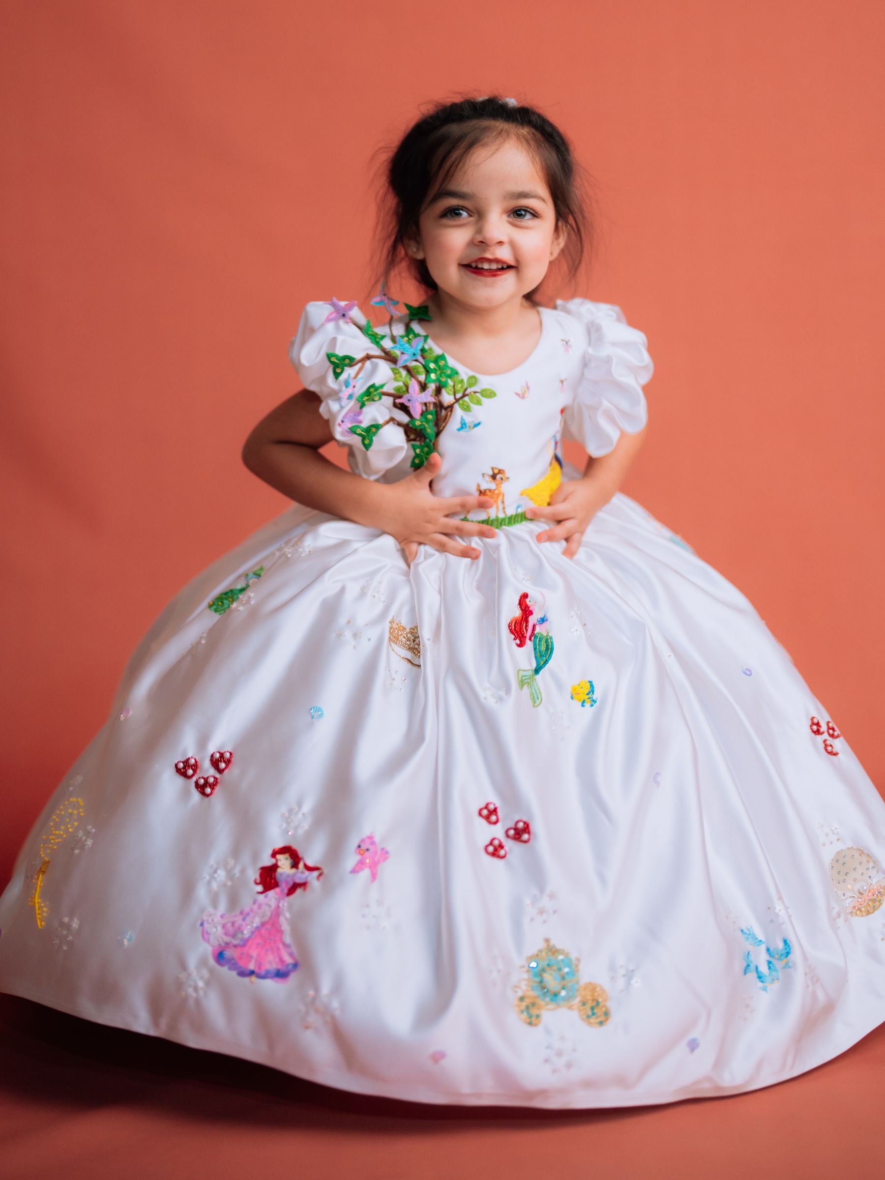 DISNEY BALL GOWN WITH HAMD EMBROIDERED CHARACTERS