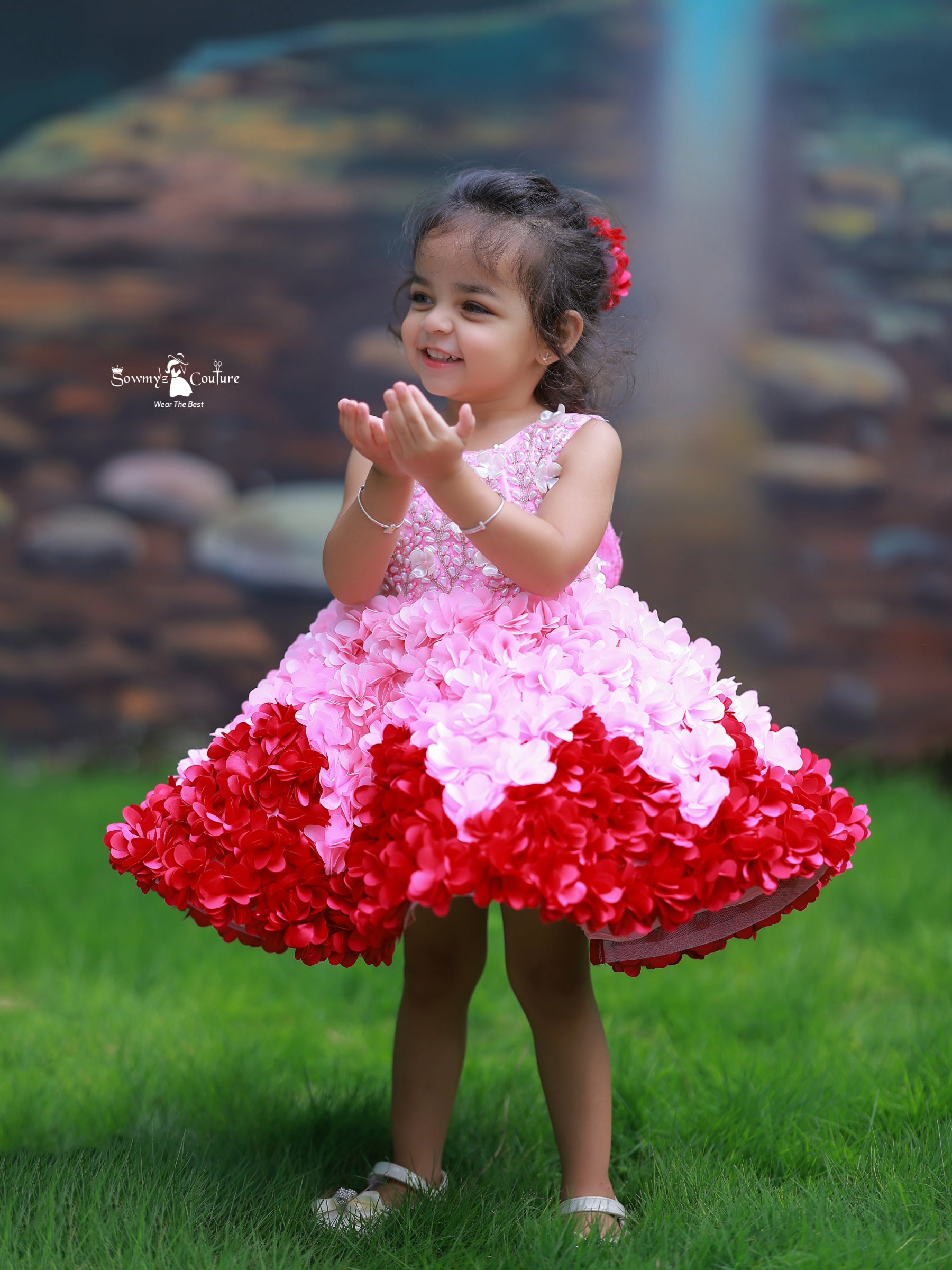 Ombre 3D Floral Embroidered Knee Length Gown