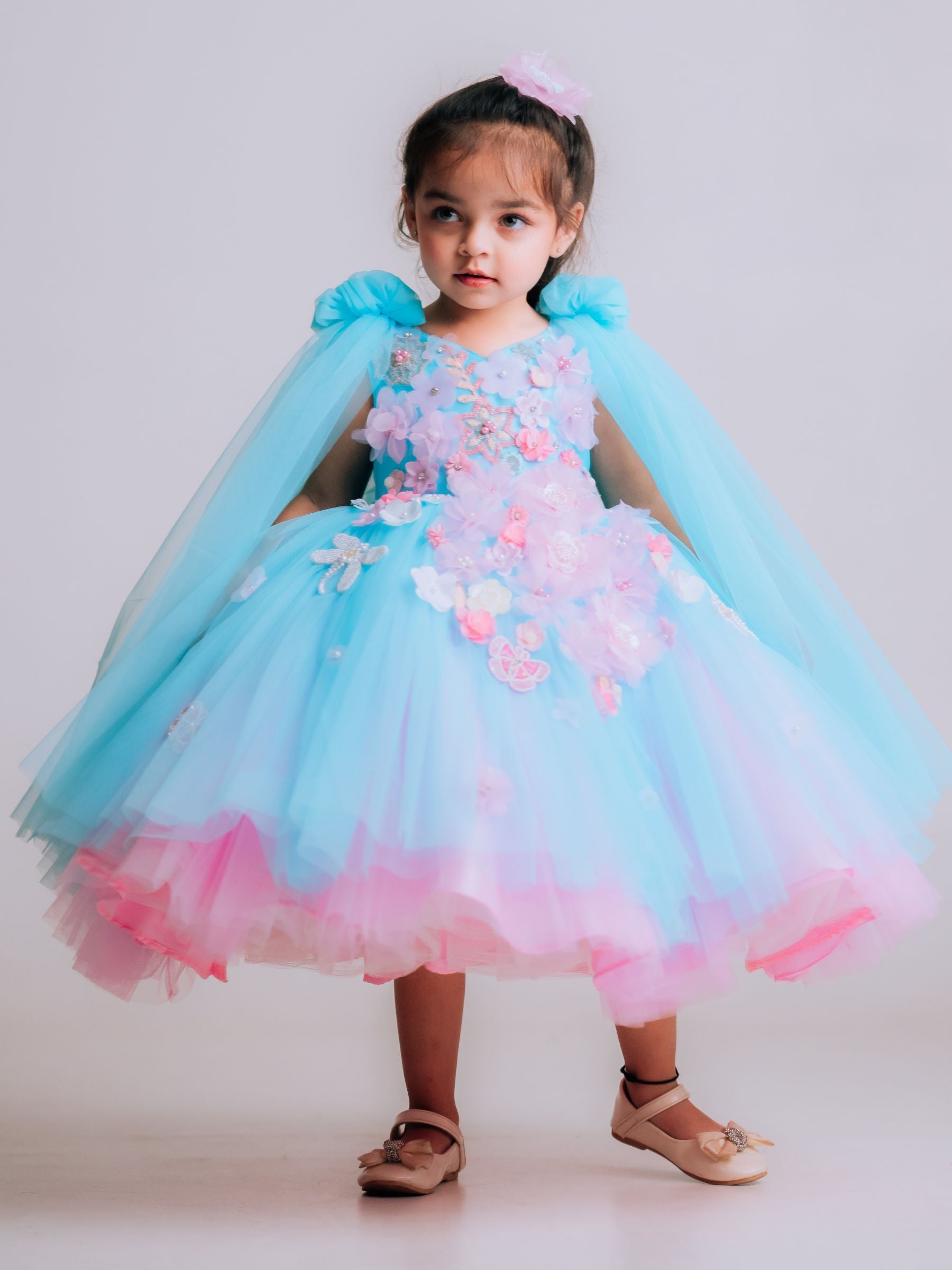 PINK AND BLUE FLORAL HALF LENGTH GOWN