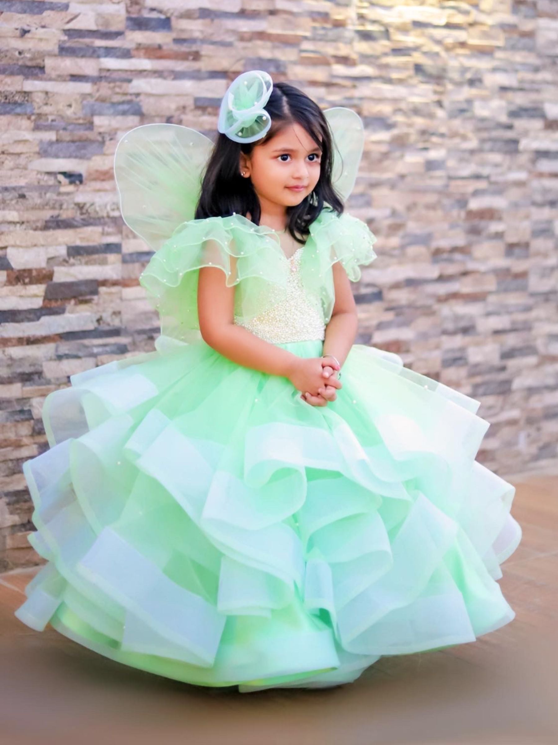 Enchanted Mint – Fairy ruffle Ball Gown With Wings