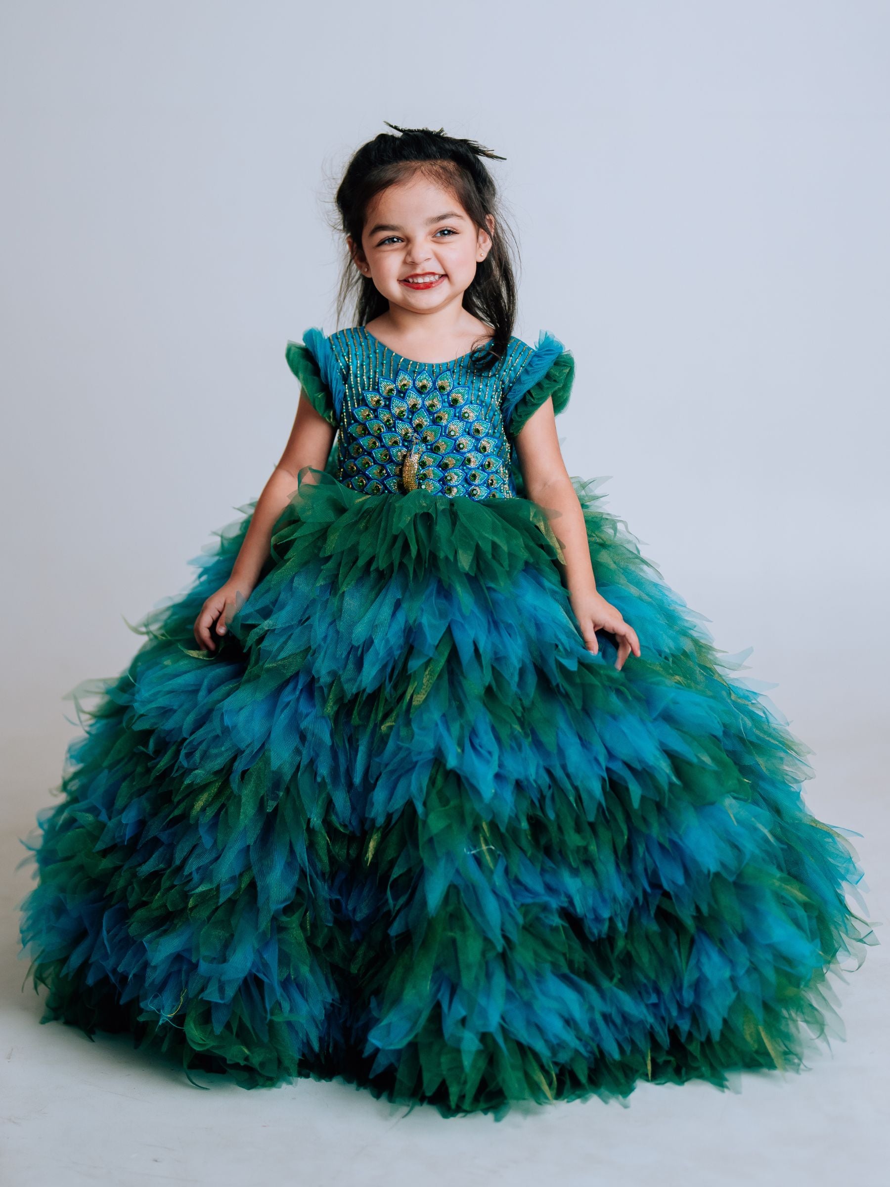 5D Designer Peacock Feather Princess Gown 6-7Y