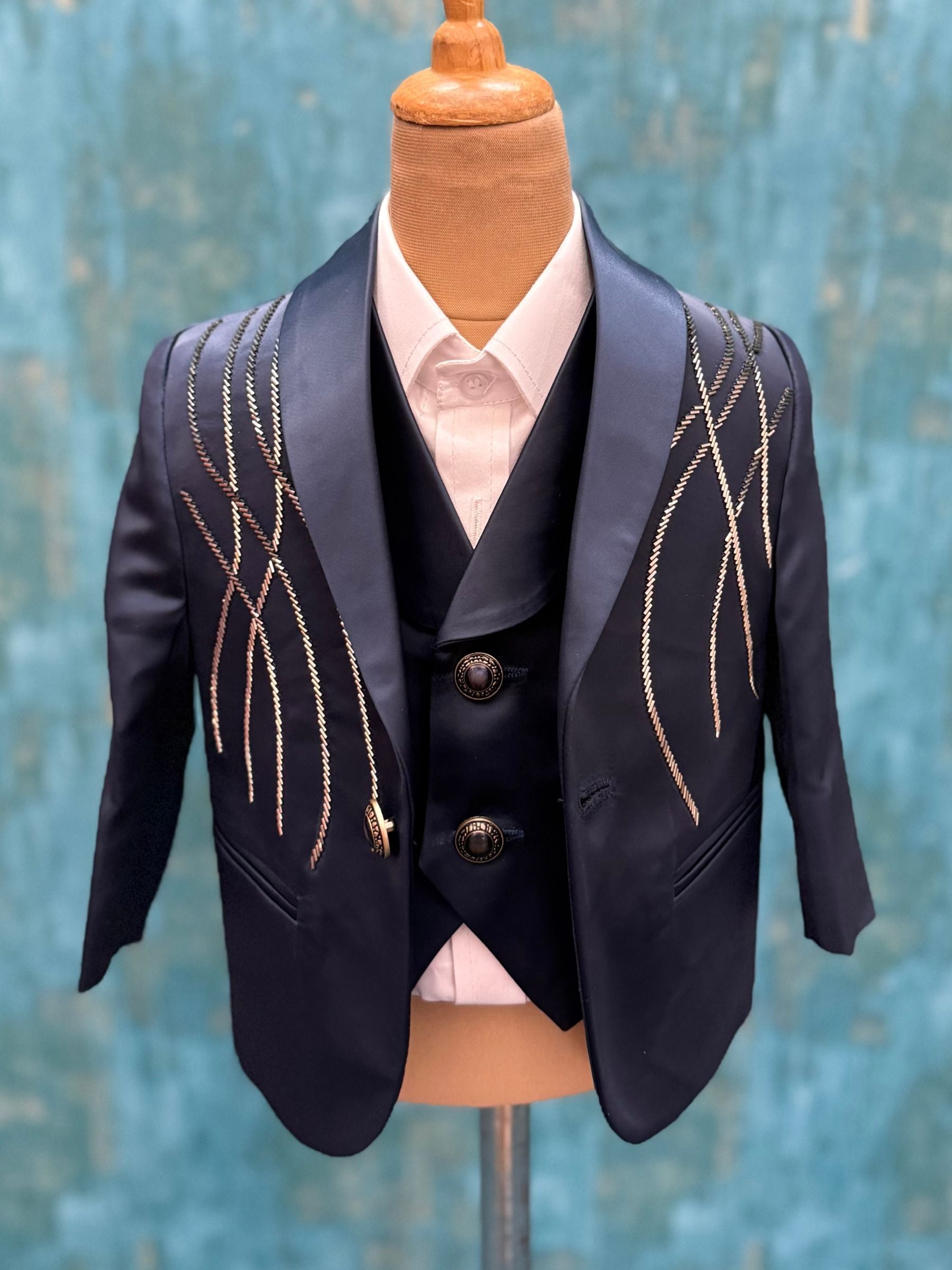 Navy Blue Embroidered Blazer with Waist Coat, Pant and Shirt