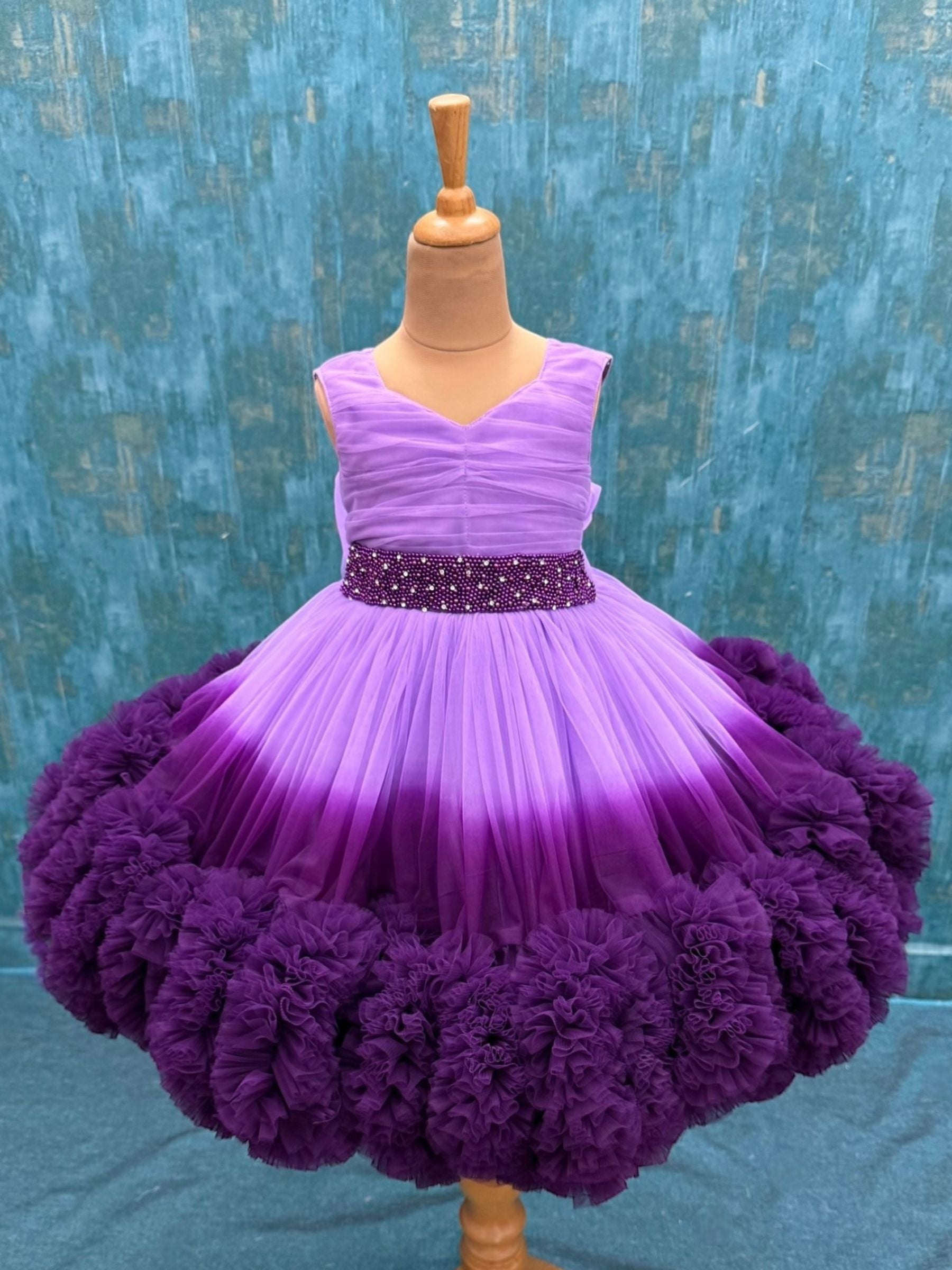 Lavender and purple double Shade couture gown with hand crafted waist belt