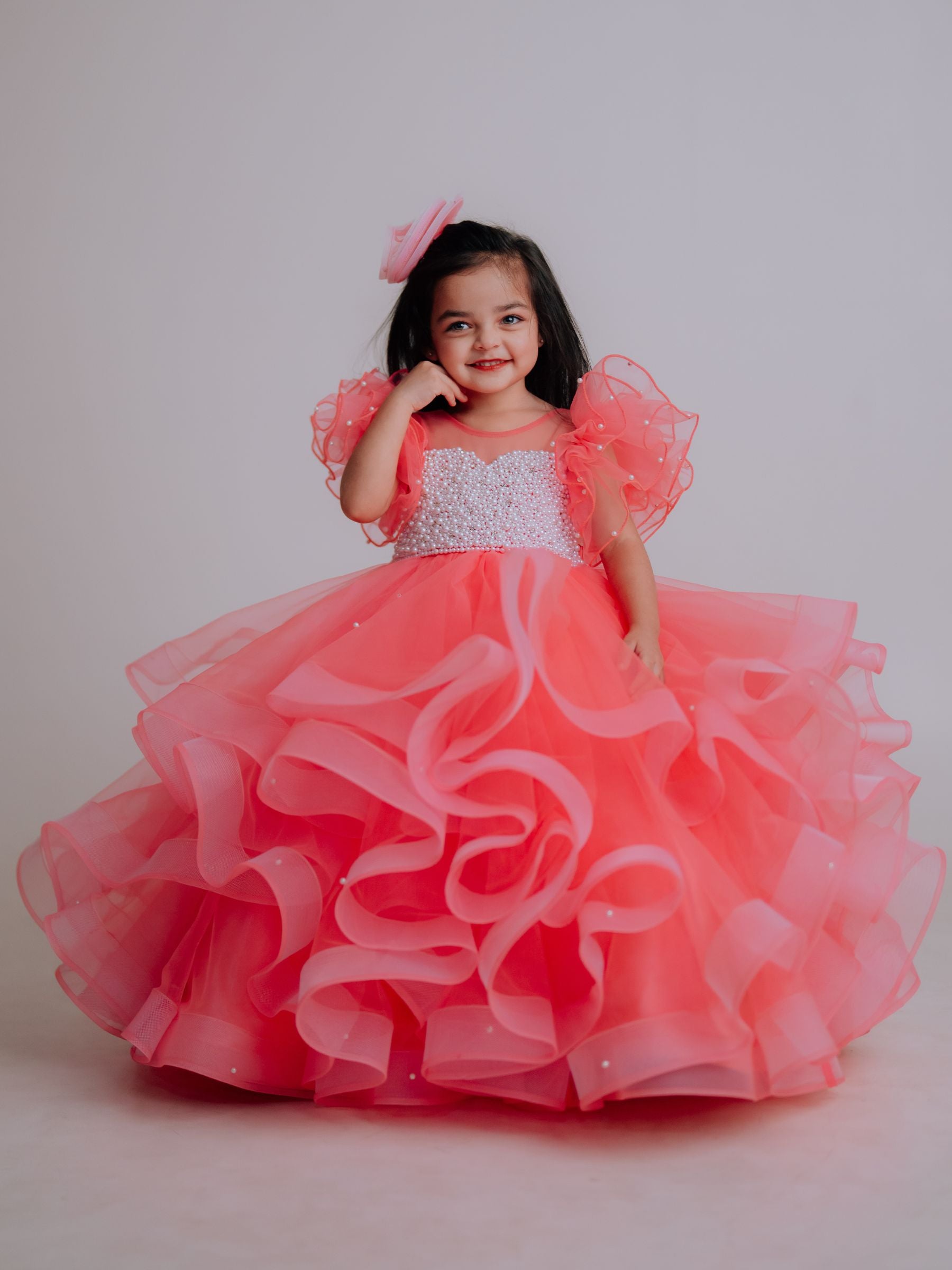 Ruffle Ball Gown With Pearl Hand Embraided Bodies