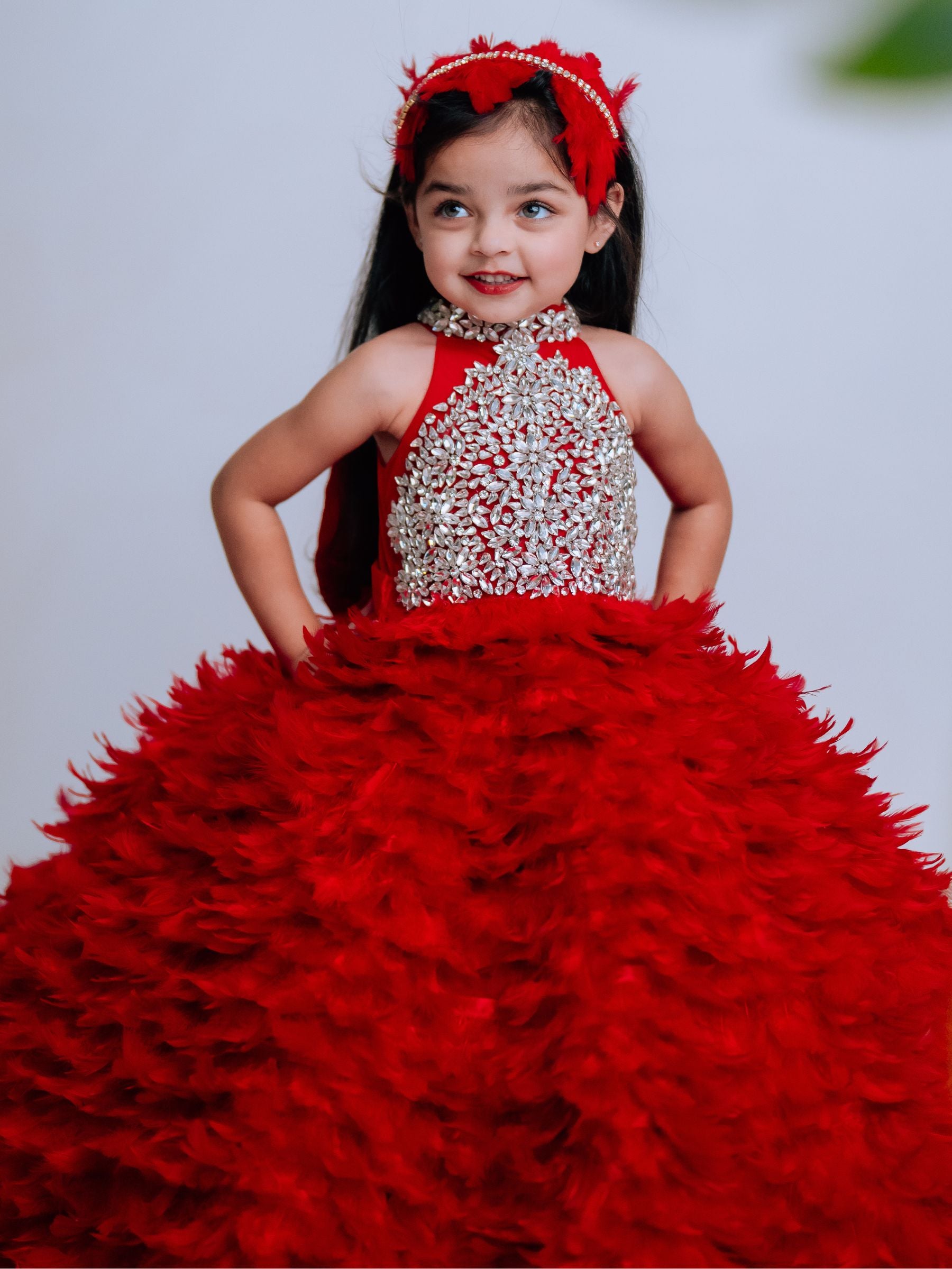 Feathered Ball Gown with Stone Embroidery Bodies