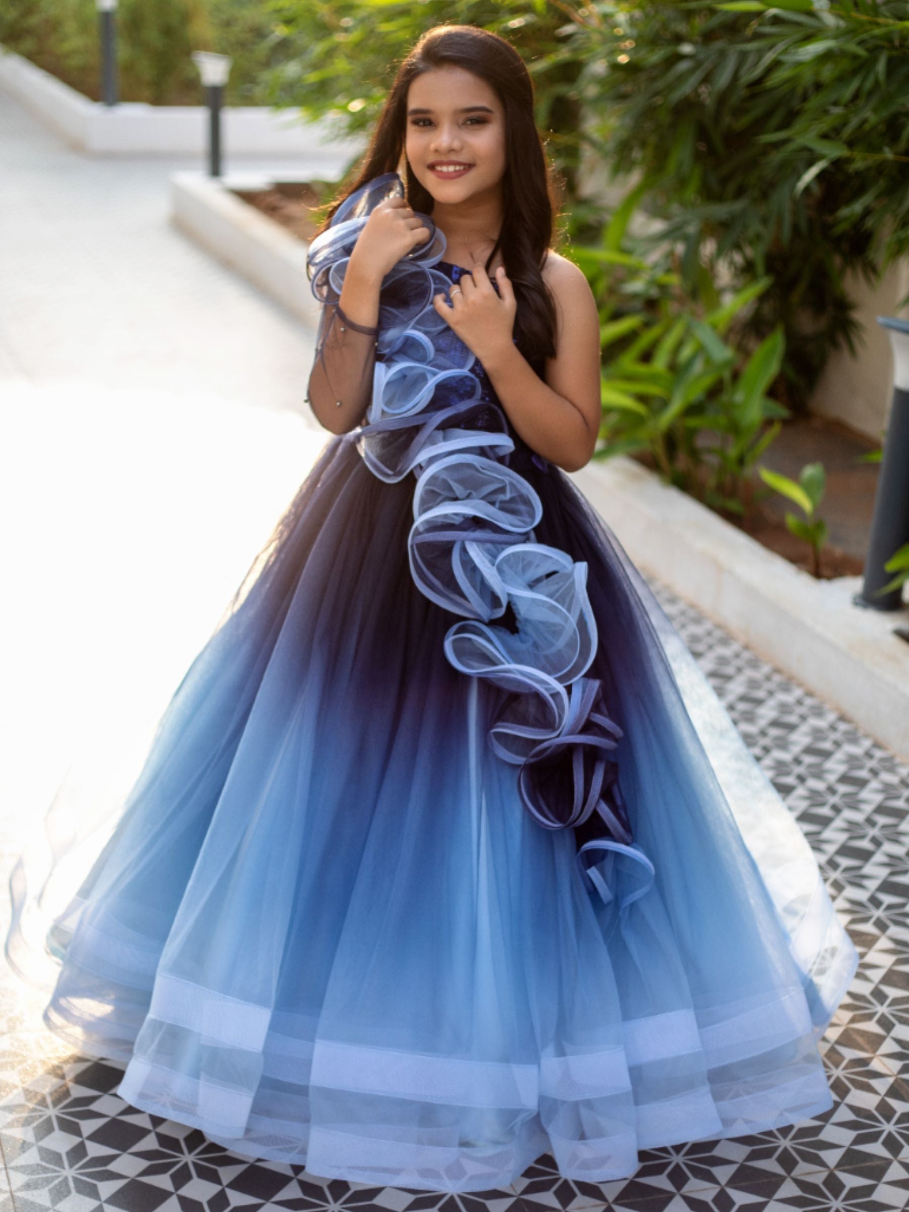 BLUE OMBRE BALL GOWN WITH ONESIDE RUFFLE