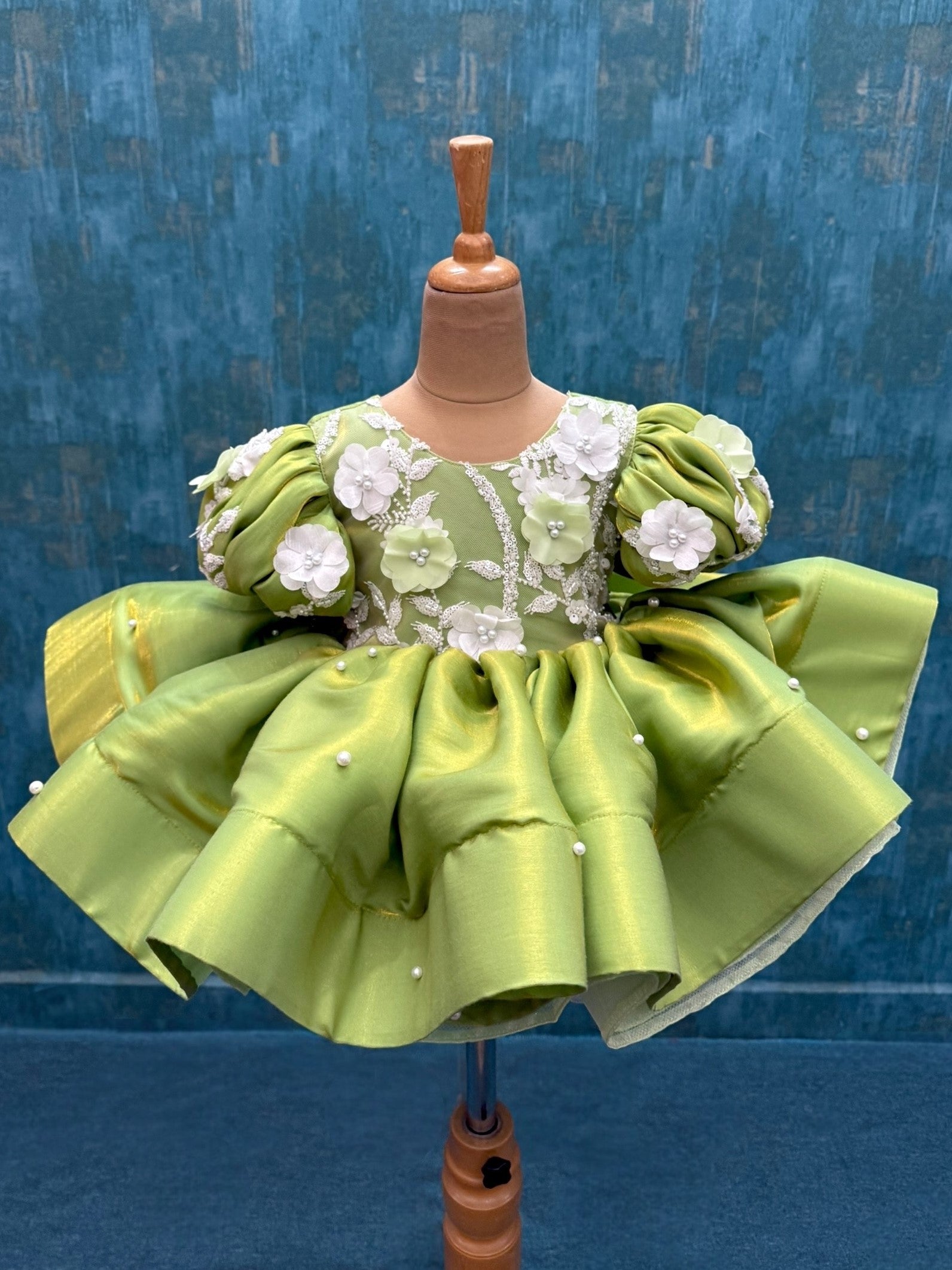 Floral green layer gown with puff sleeves