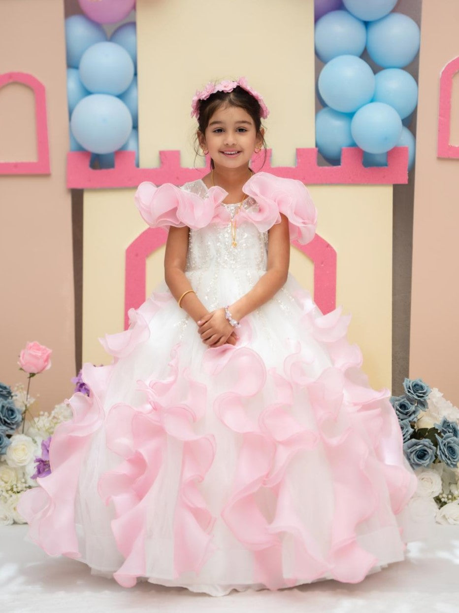 white and pink organza fairy ball gown swirl sleeves