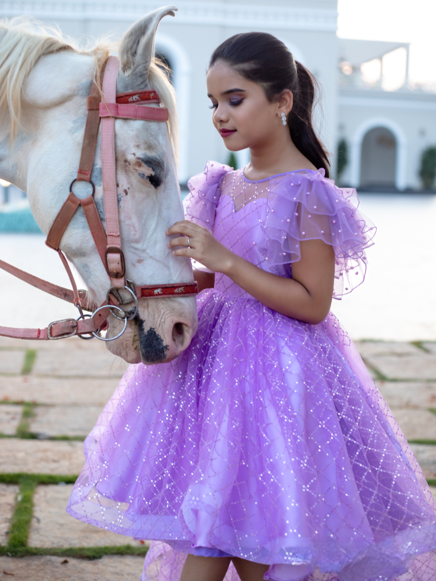 Lavender sequin High low gown with ruffle sleeves