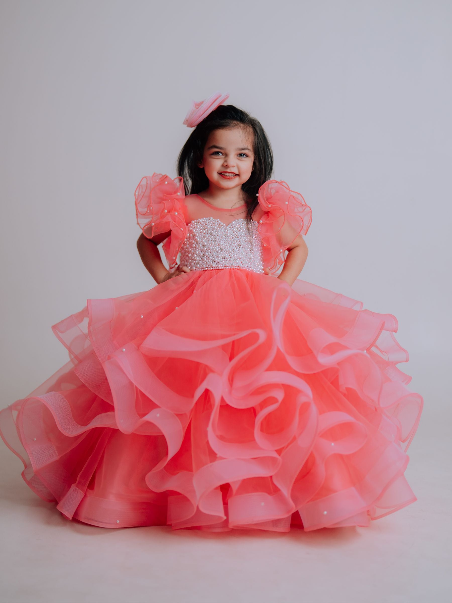 Ruffle Ball Gown With Pearl Hand Embraided Bodies