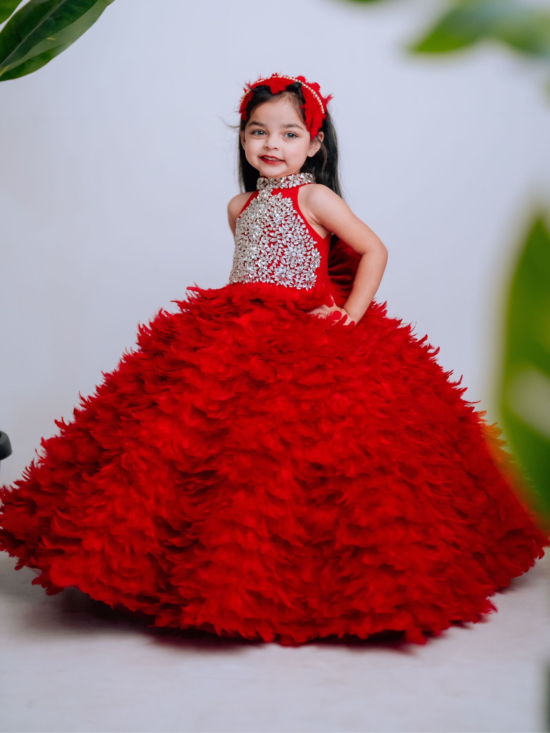 Feathered Ball Gown with Stone Embroidery Bodies