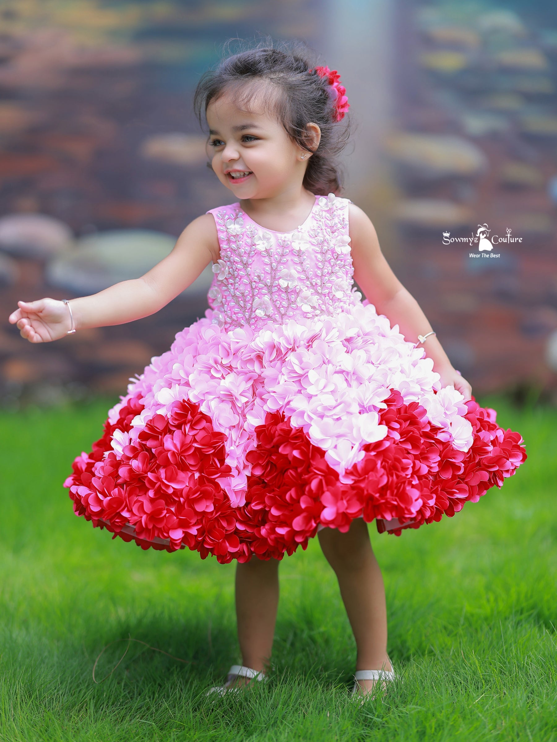 Ombre 3D Floral Embroidered Knee Length Gown