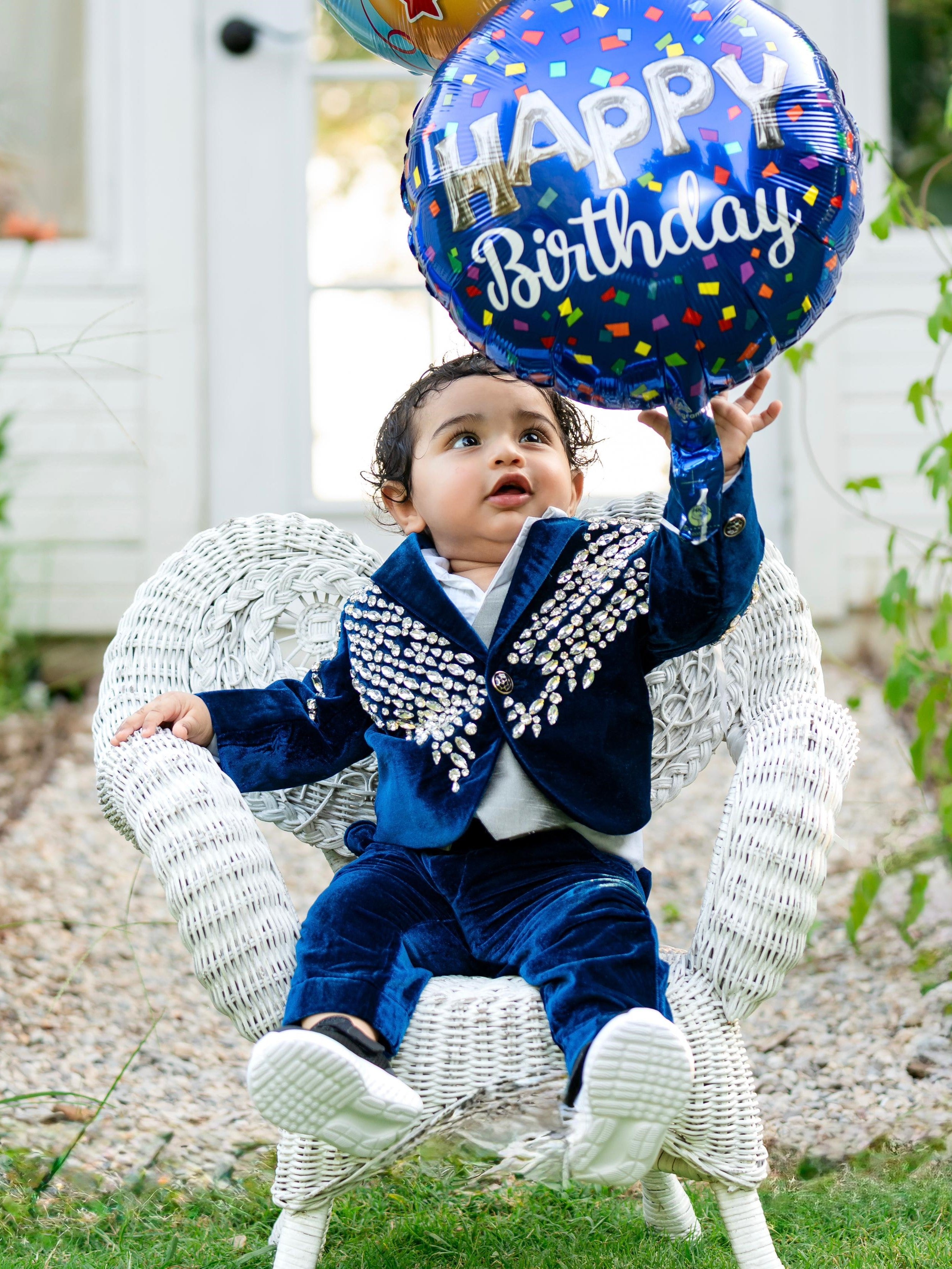 Deep Blue Velvet Crystal Cascade Designer Evening Blazer Suit