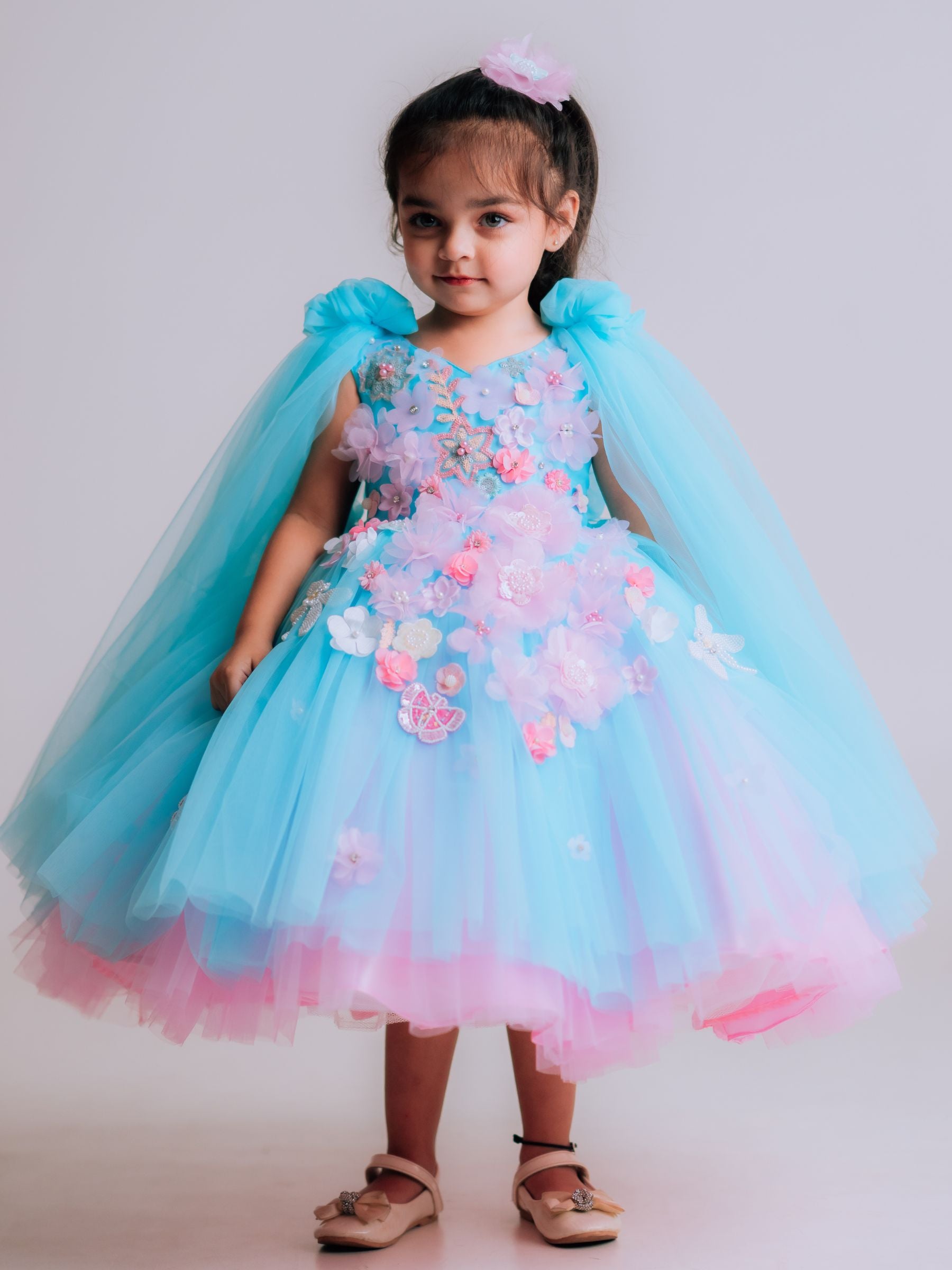 PINK AND BLUE FLORAL HALF LENGTH GOWN