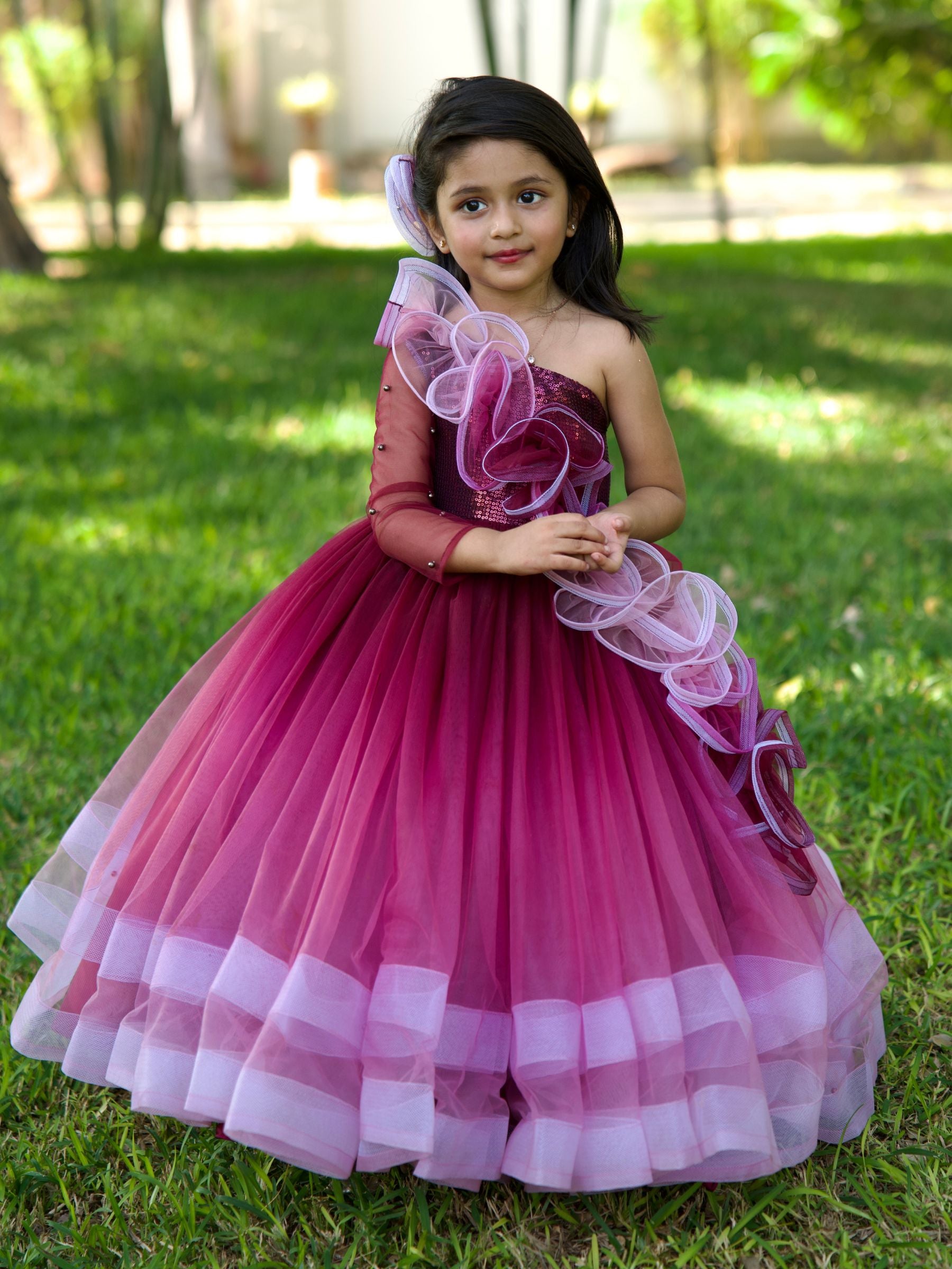 WINE OMBRE BALL GOWN WITH ONESIDE RUFFLE