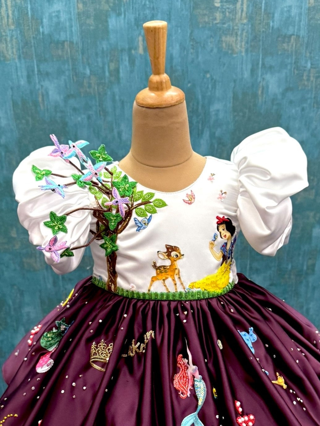 WHITE AND WINE DISNEY BALL GOWN WITH HAND EMBROIDERED CHARACTERS