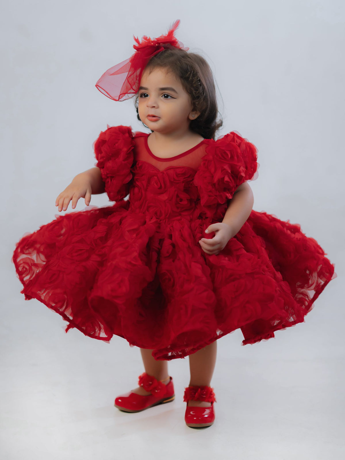 Ruby Micro-Rosette Couture Puff-Sleeve Gown