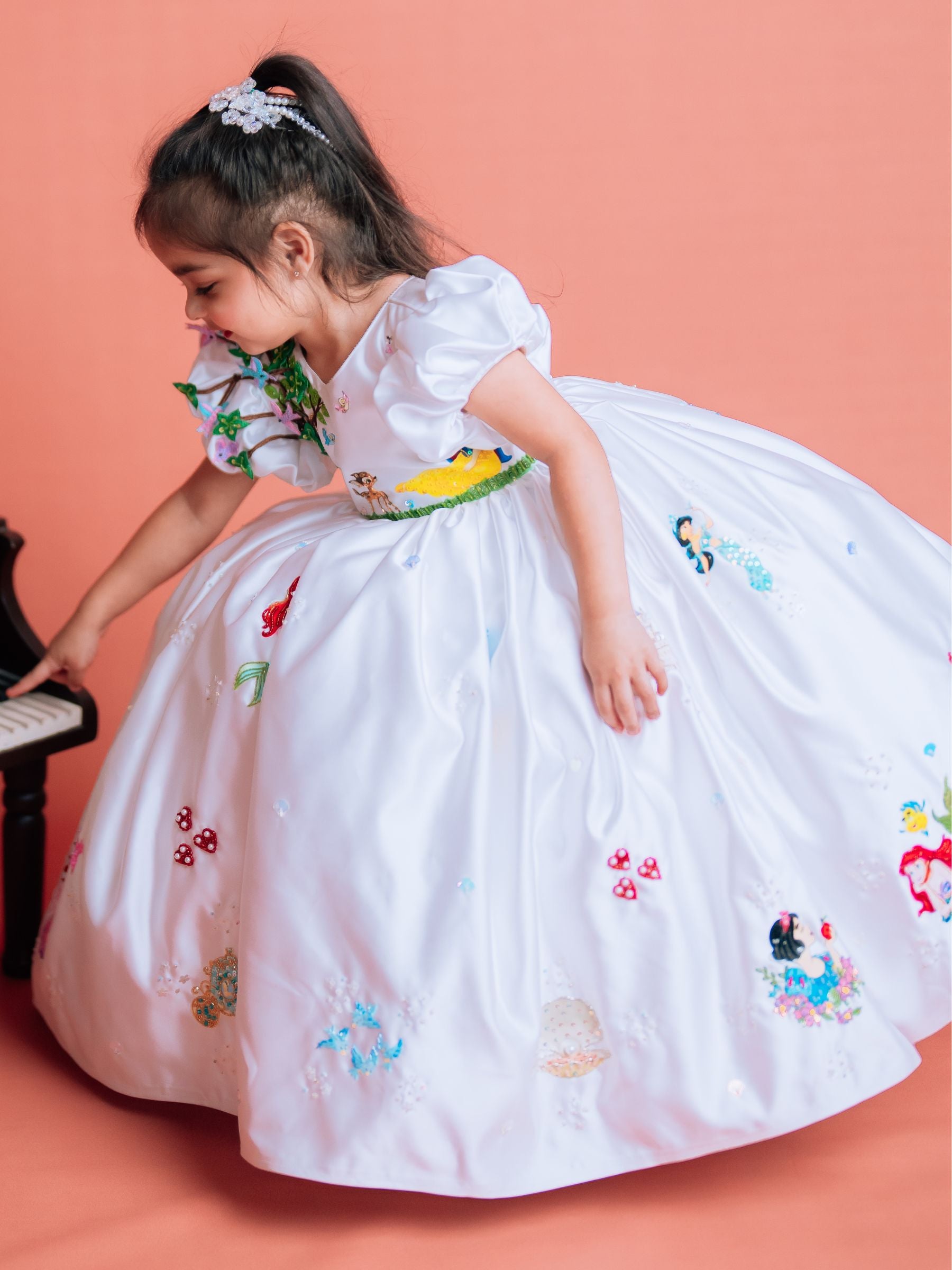 DISNEY BALL GOWN WITH HAMD EMBROIDERED CHARACTERS