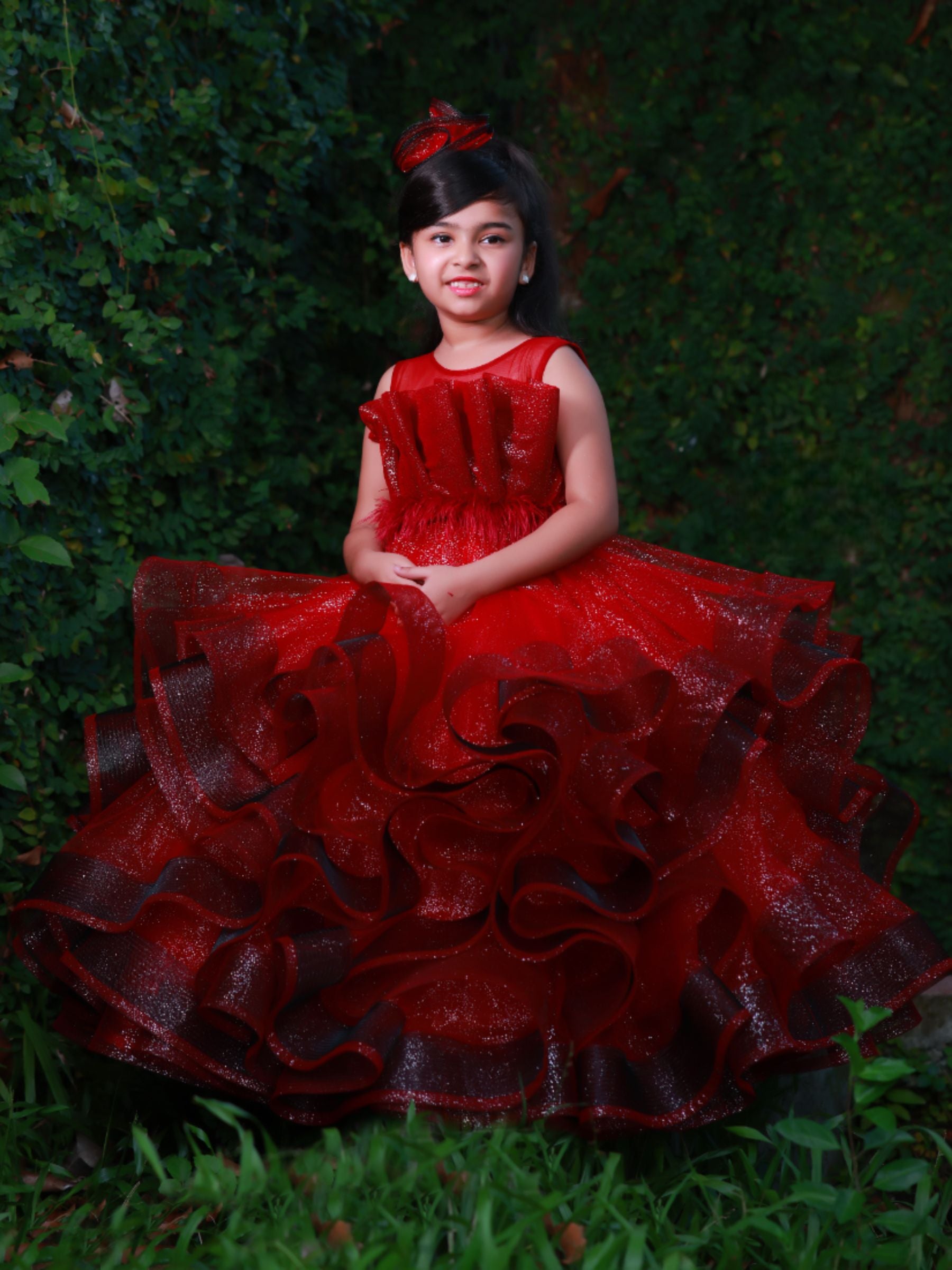 Glitter red ruffle ball gown with embossing top