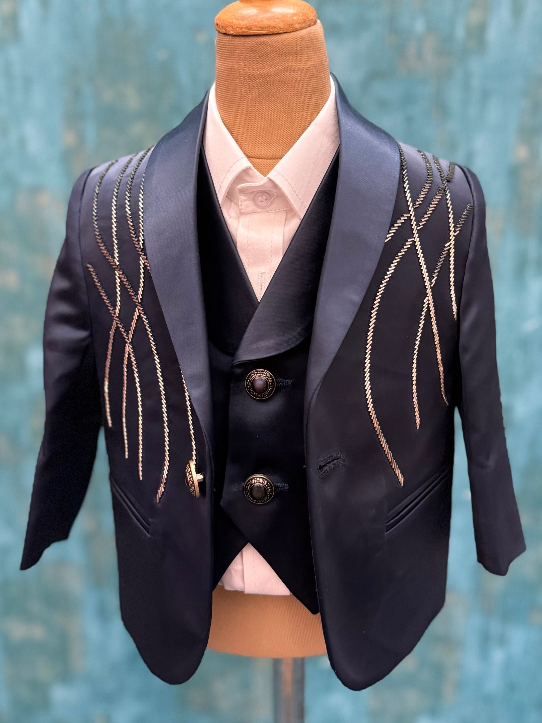 Navy Blue Embroidered Blazer with Waist Coat, Pant and Shirt