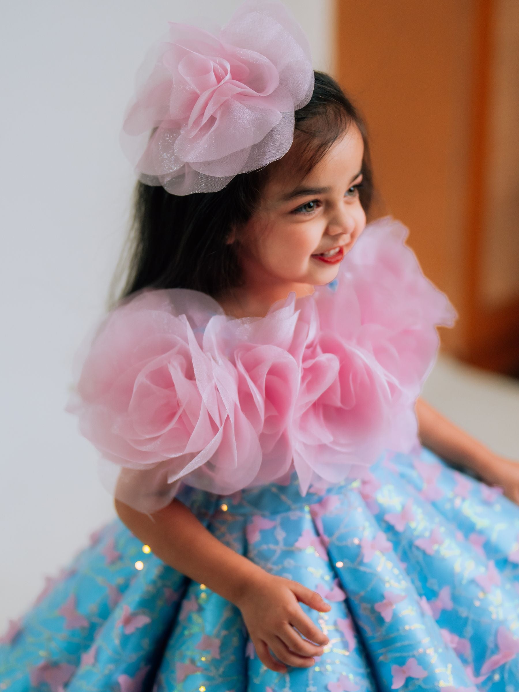 BUTTERFLY AND 3D FLORAL STRUCTURED PANEL BALL GOWN