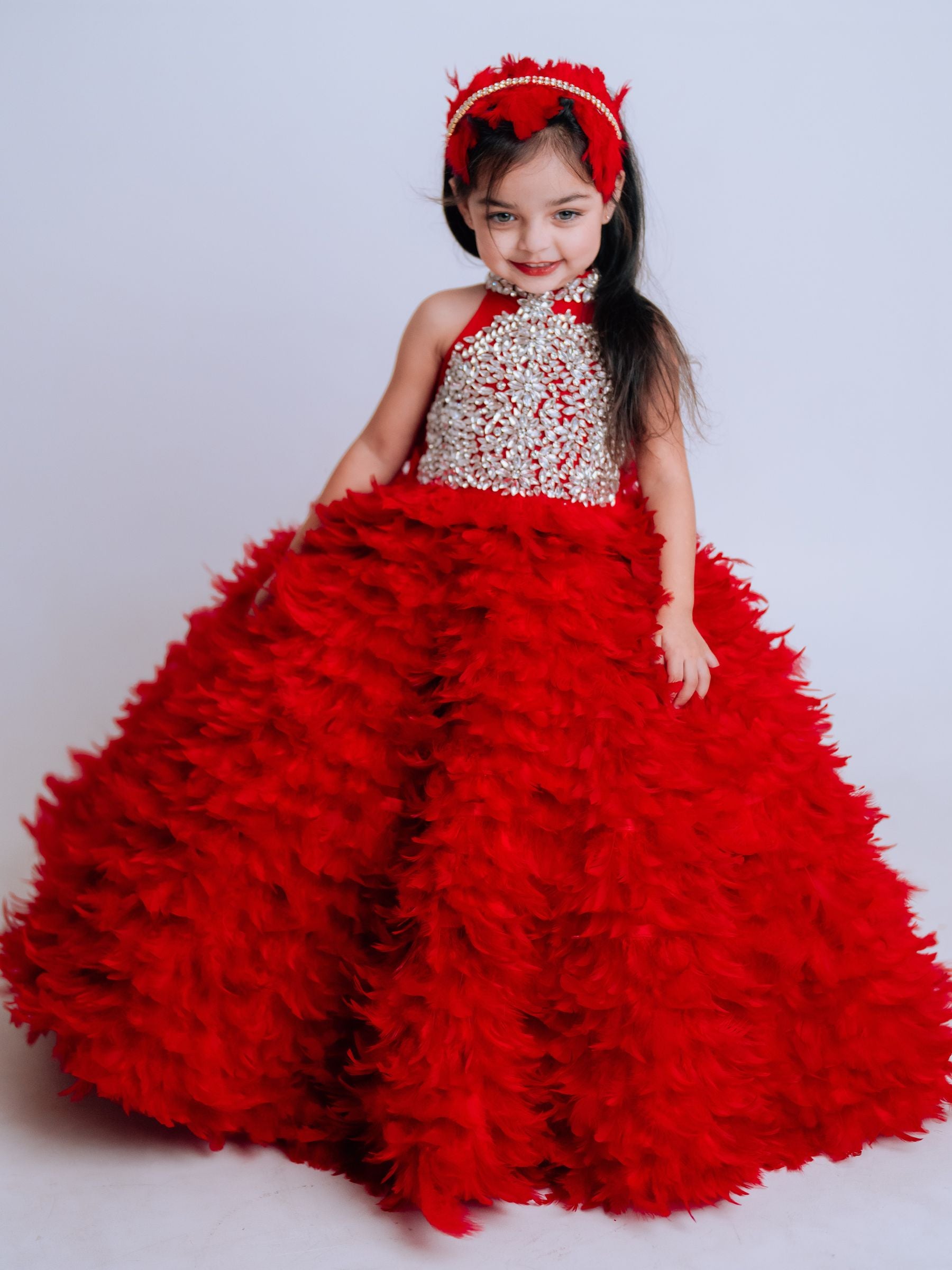 Feathered Ball Gown with Stone Embroidery Bodies