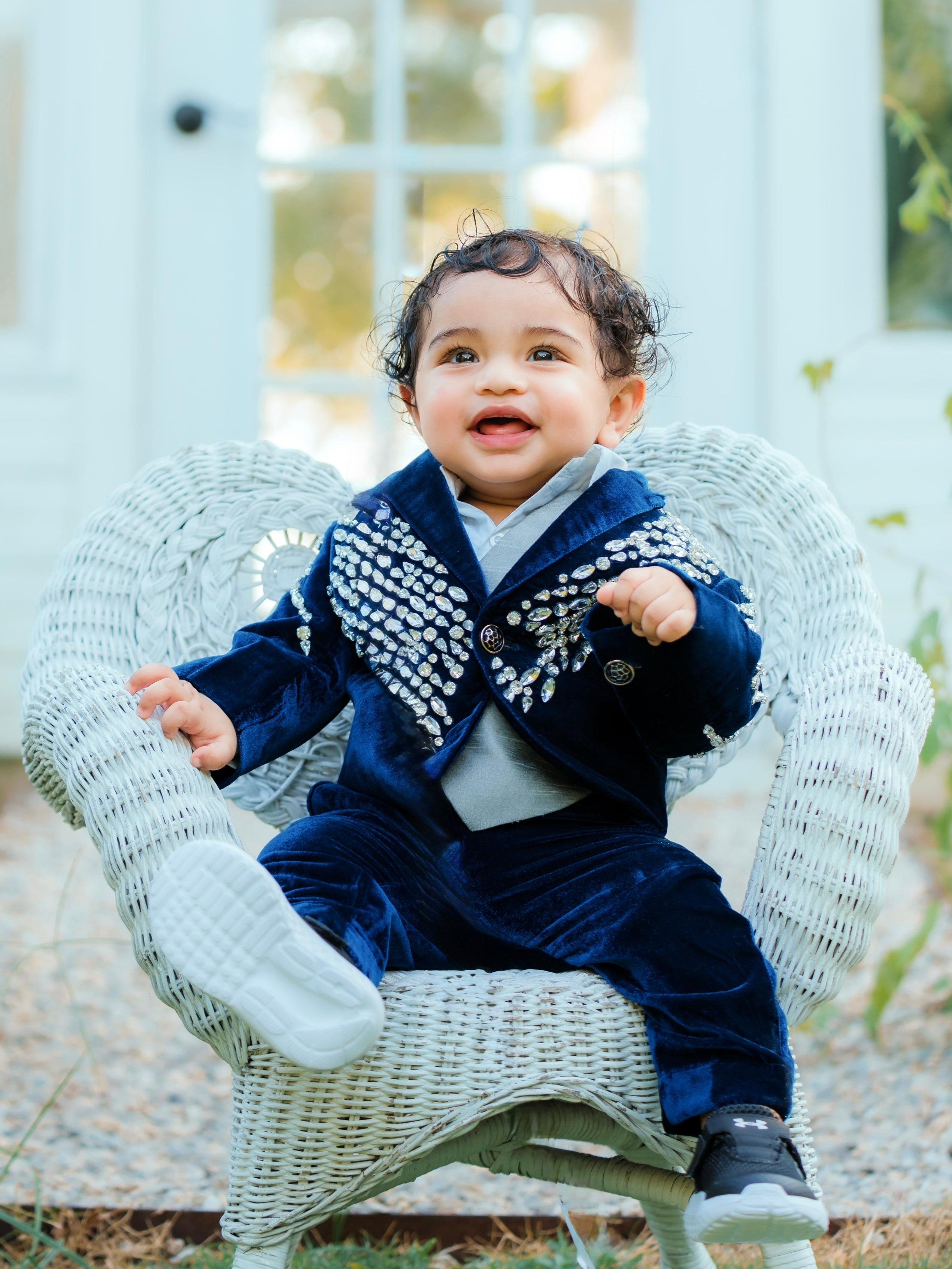 Deep Blue Velvet Crystal Cascade Designer Evening Blazer Suit