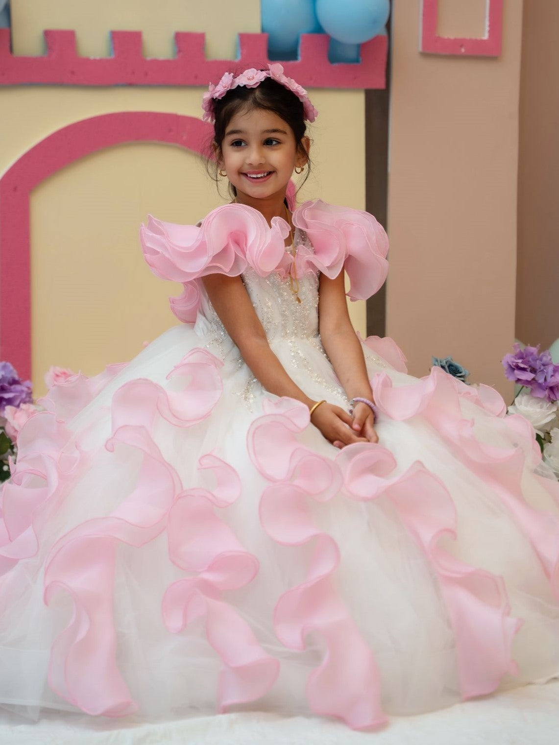 white and pink organza fairy ball gown swirl sleeves