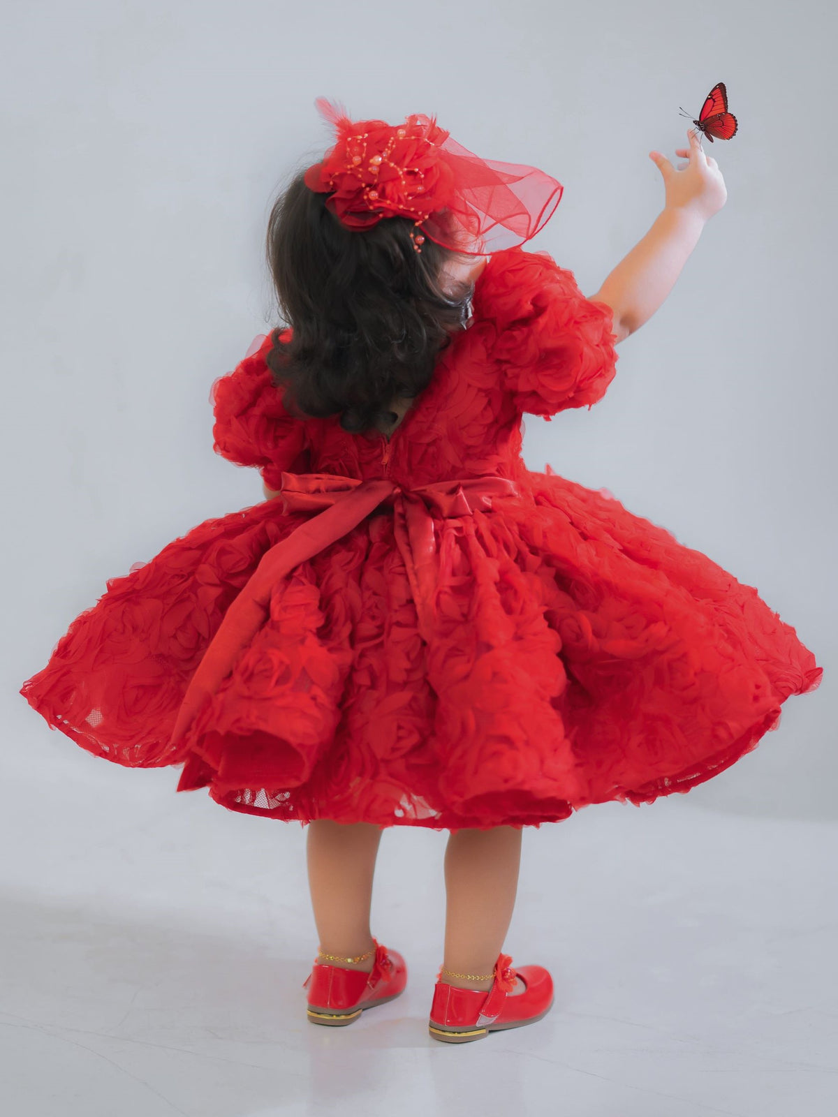 Ruby Micro-Rosette Couture Puff-Sleeve Gown