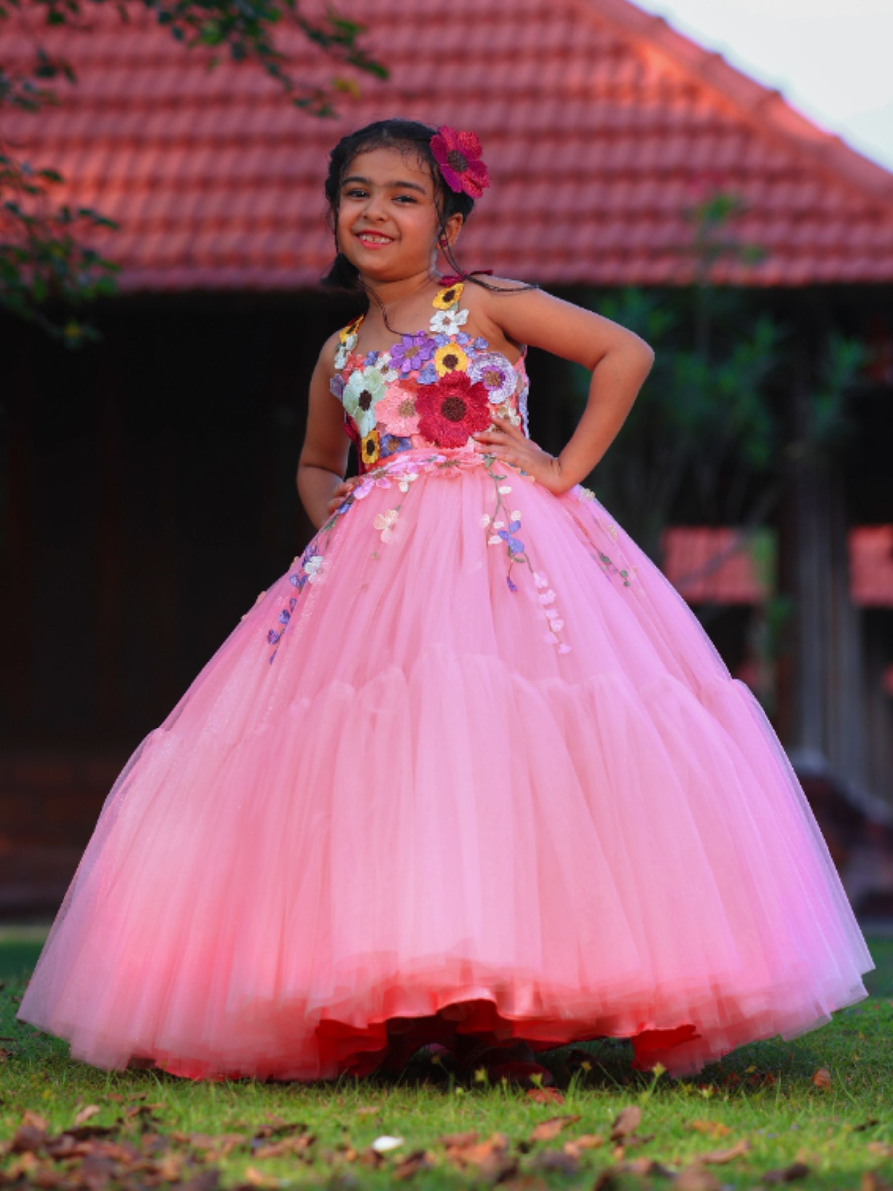 Peach Fairy Garden Floral Ball gown With Butterfly Wings