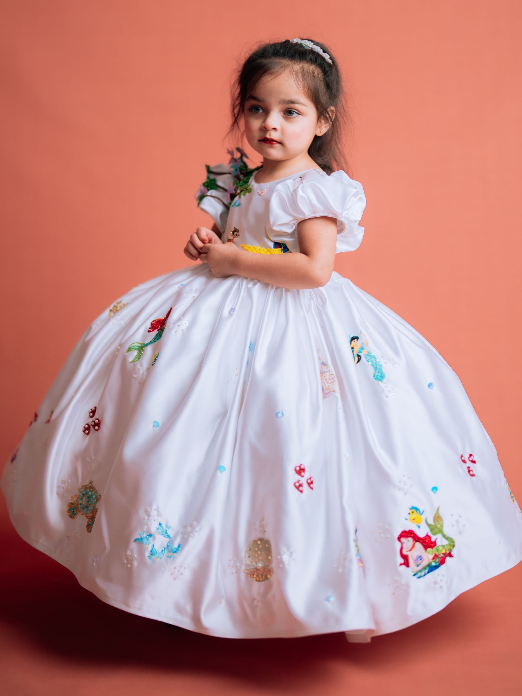 DISNEY BALL GOWN WITH HAMD EMBROIDERED CHARACTERS