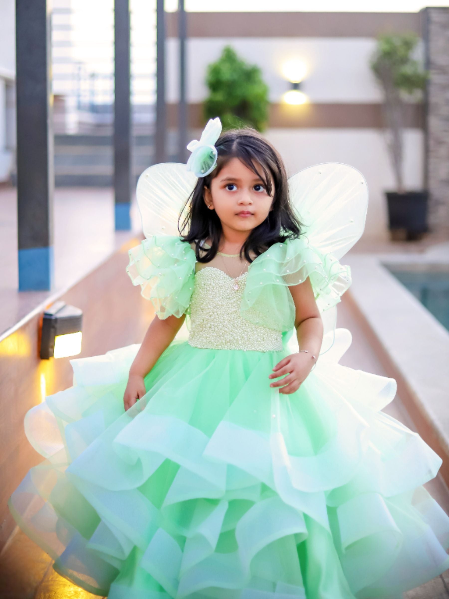 Enchanted Mint – Fairy ruffle Ball Gown With Wings