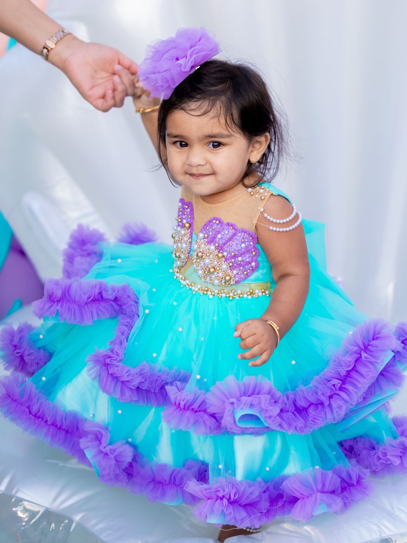 Turquoise And Lavender Mermaid Gown With Ruffle Layers