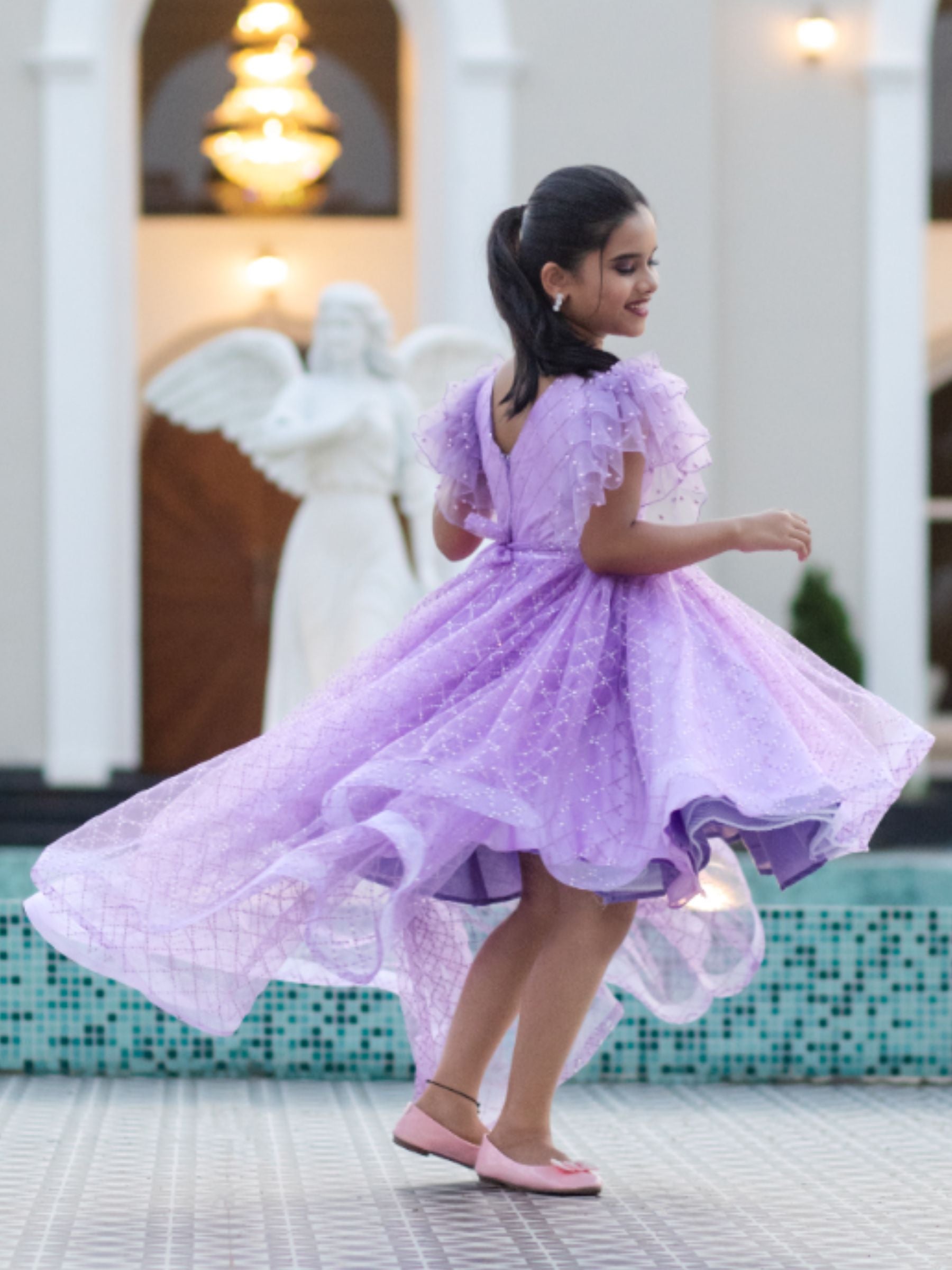 Lavender sequin High low gown with ruffle sleeves