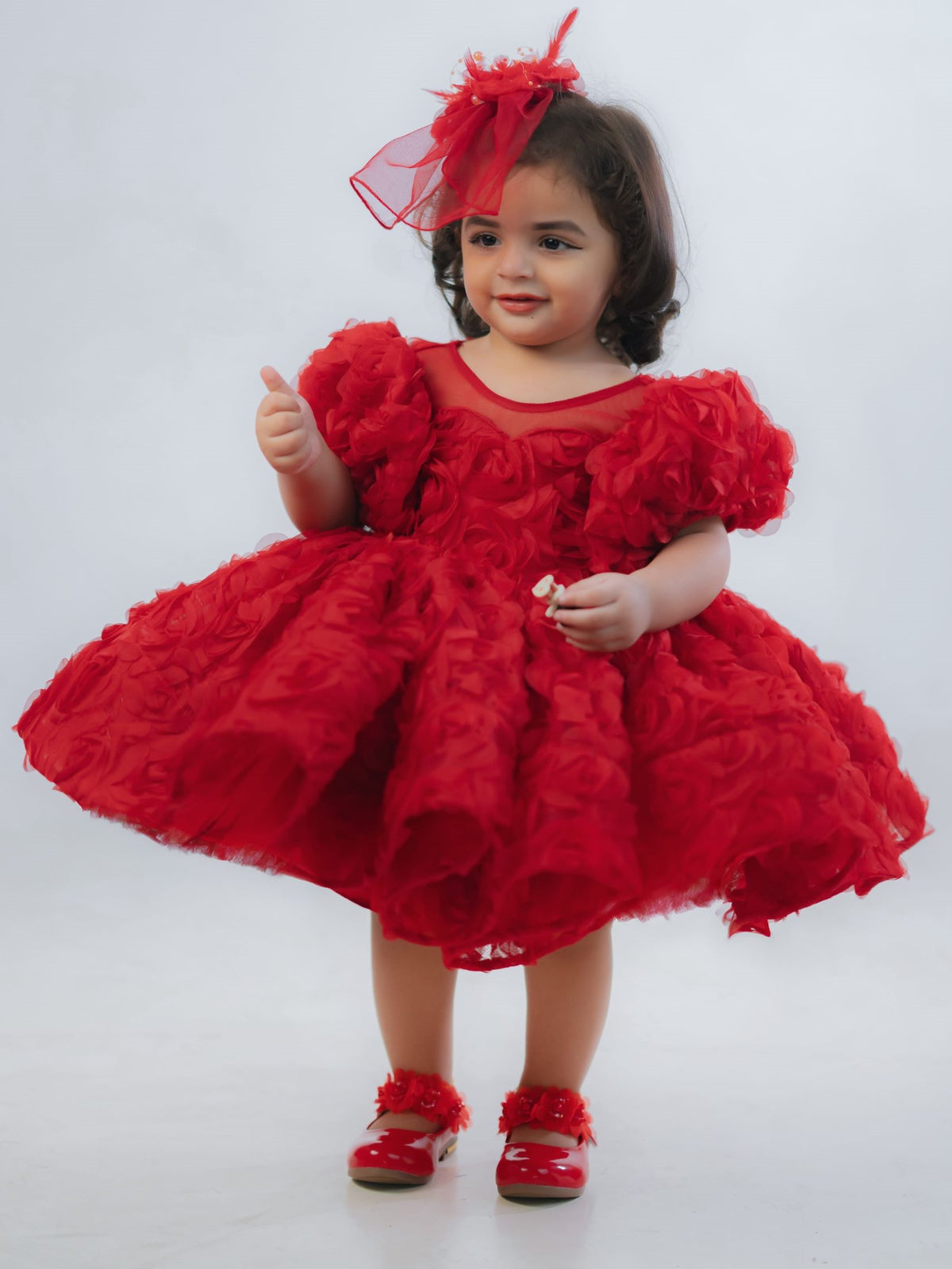 Ruby Micro-Rosette Couture Puff-Sleeve Gown