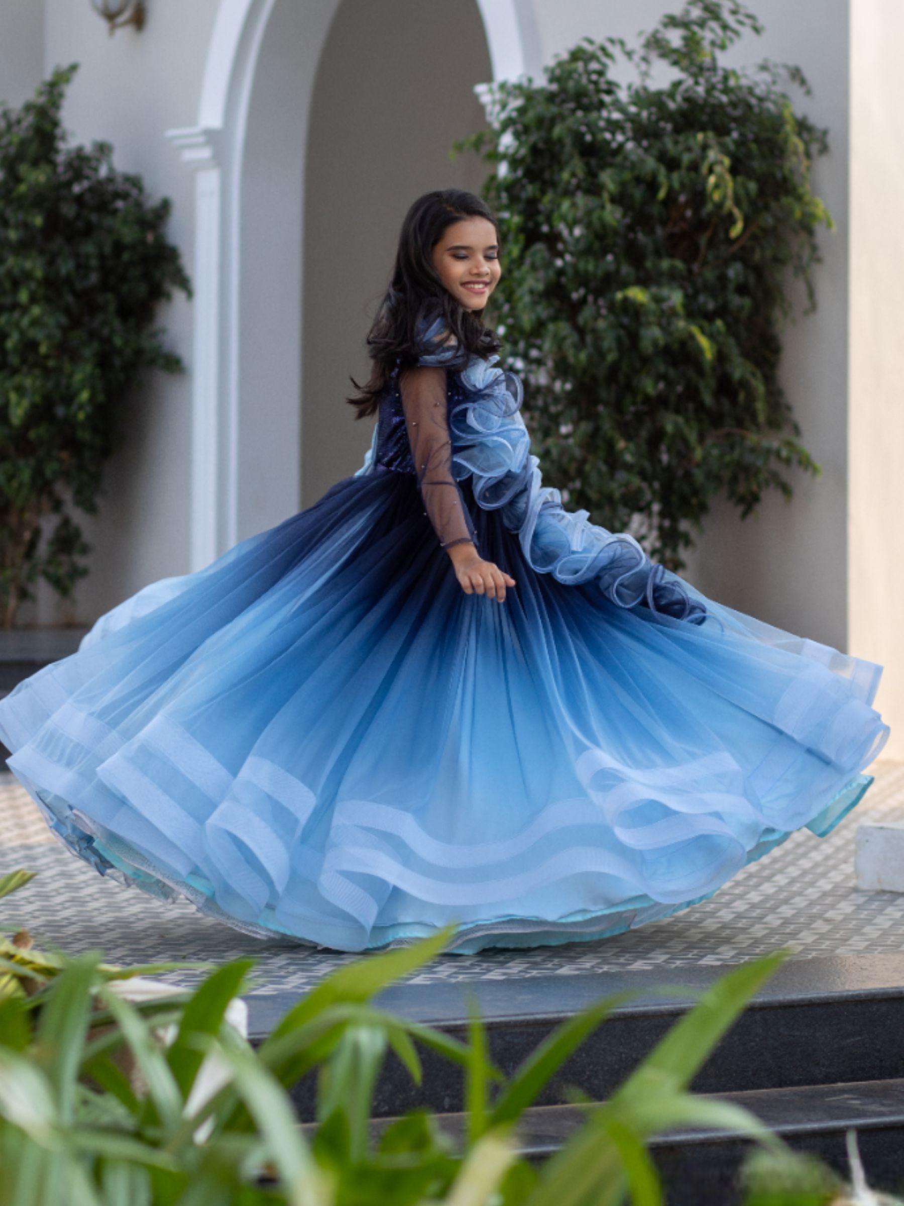 BLUE OMBRE BALL GOWN WITH ONESIDE RUFFLE