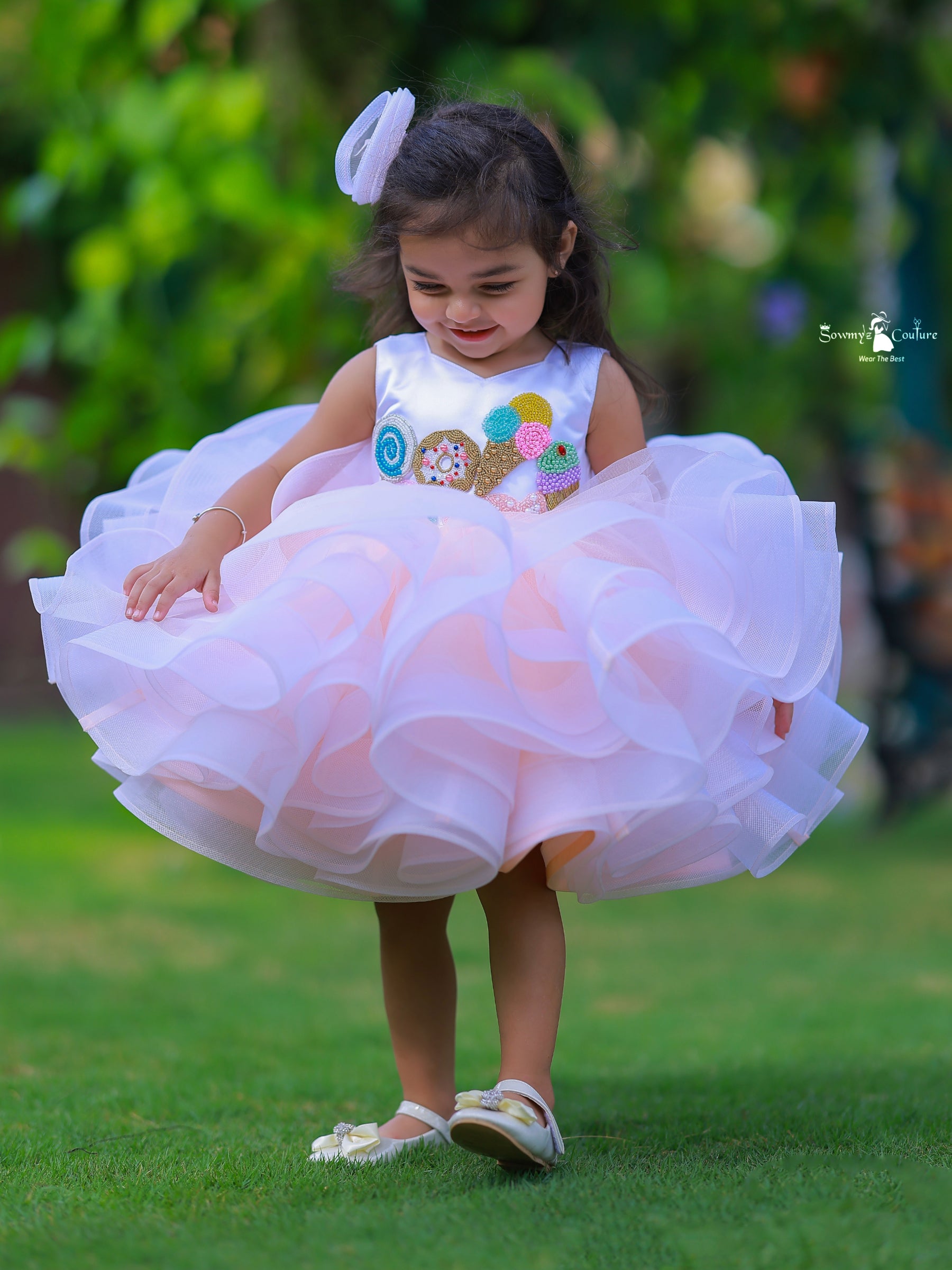 Peach and White Candy Theme Ruffle Knee Length Gown