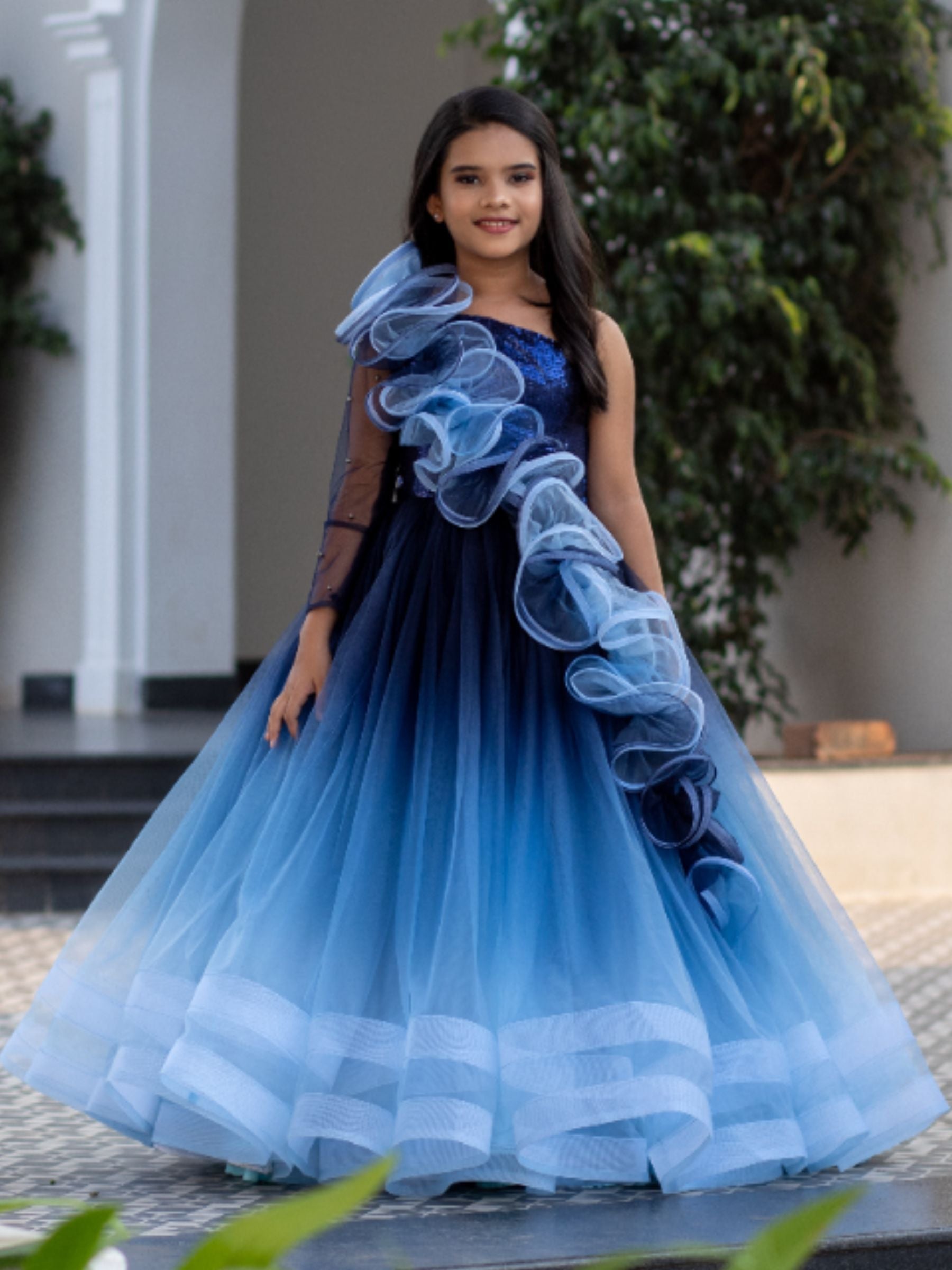 BLUE OMBRE BALL GOWN WITH ONESIDE RUFFLE