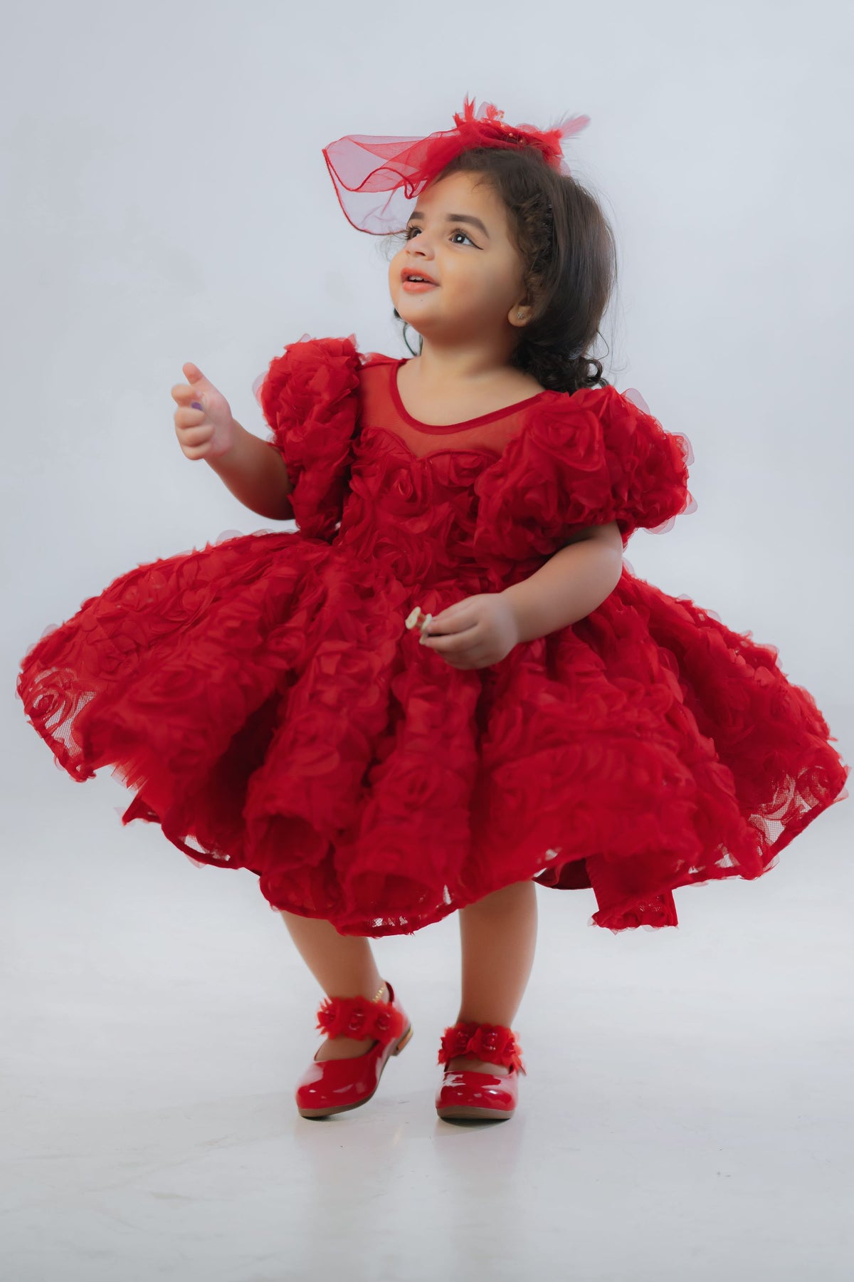 Ruby Micro-Rosette Couture Puff-Sleeve Gown