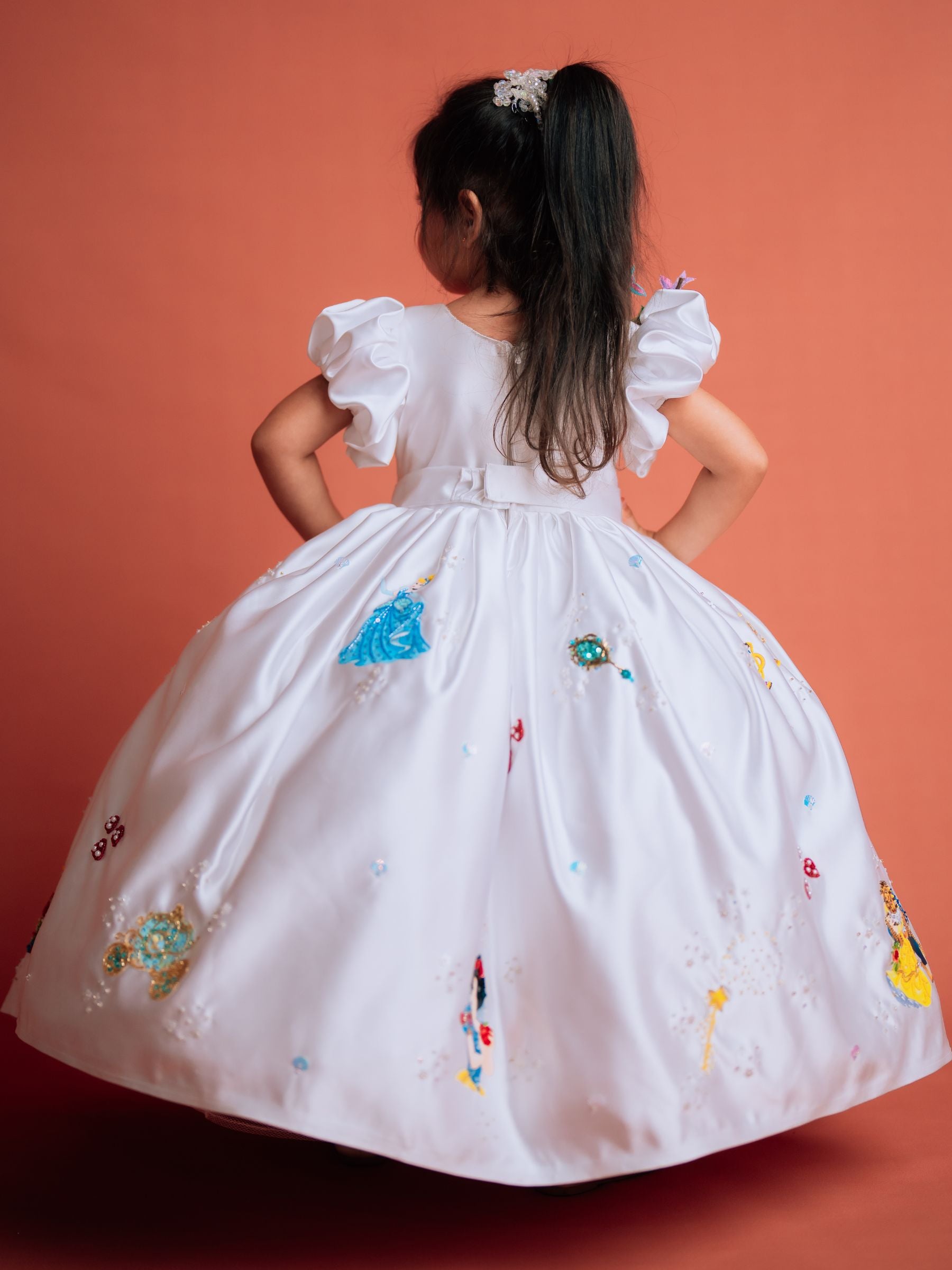 DISNEY BALL GOWN WITH HAMD EMBROIDERED CHARACTERS