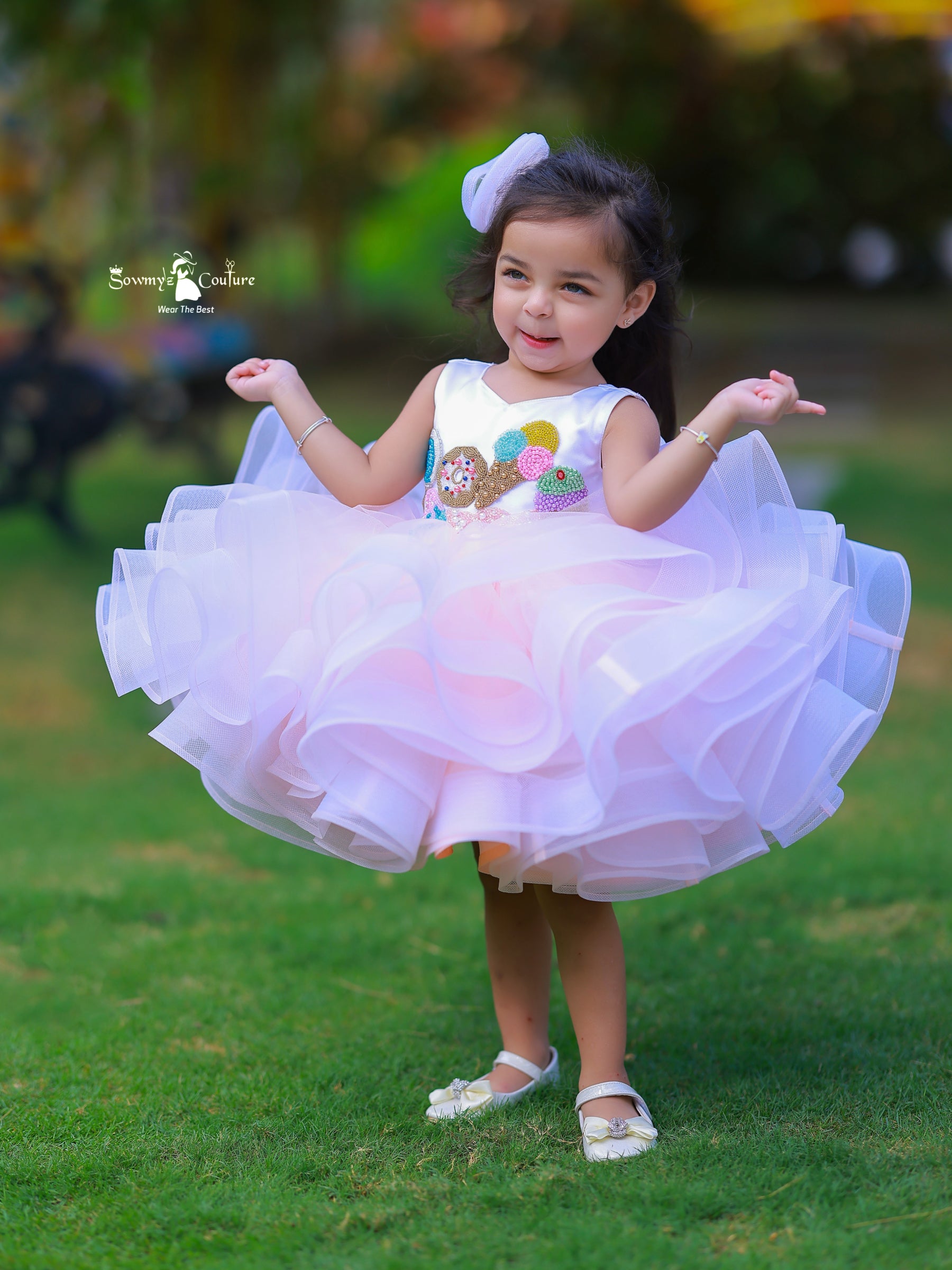 Peach and White Candy Theme Ruffle Knee Length Gown