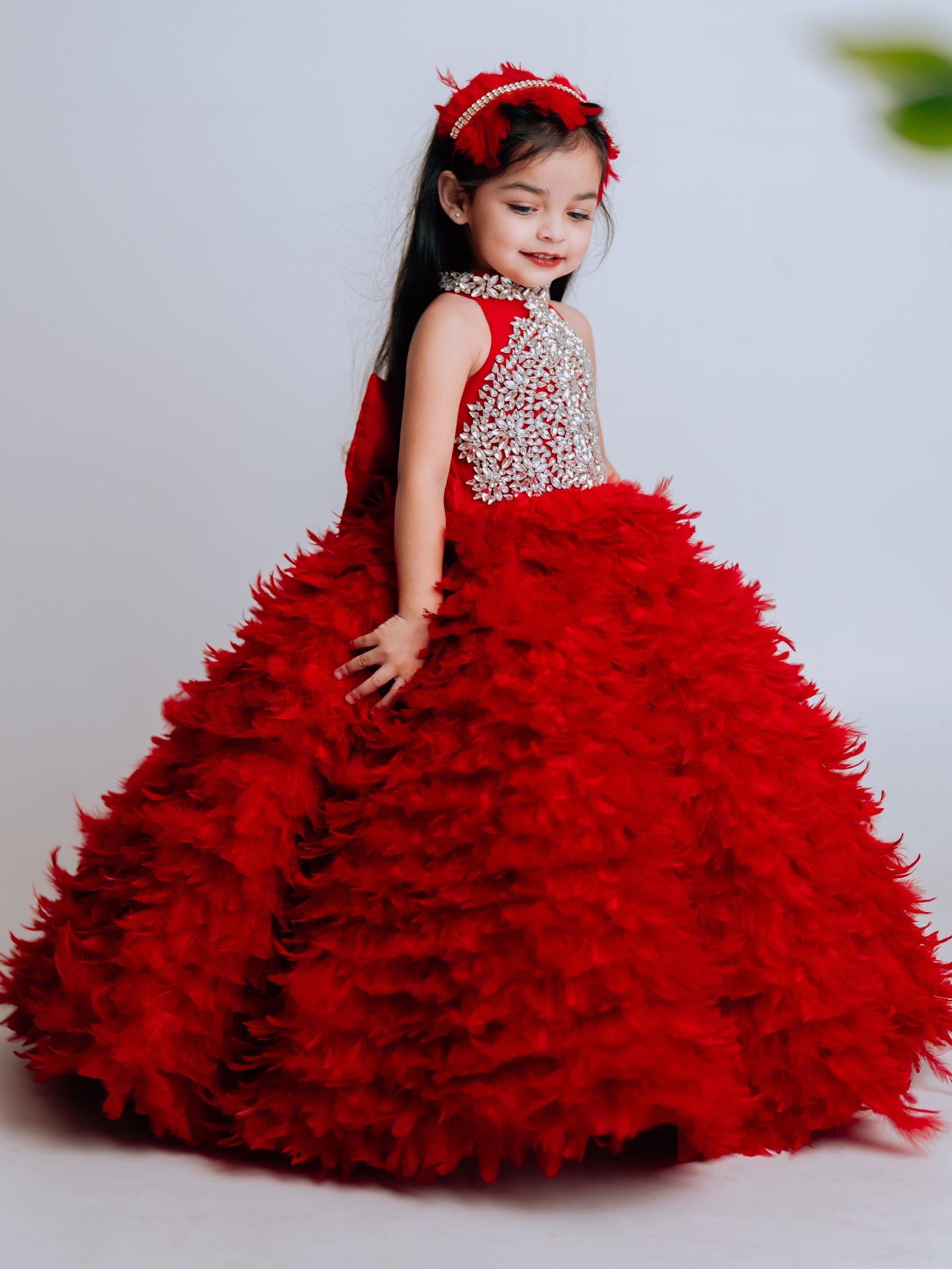 Feathered Ball Gown with Stone Embroidery Bodies