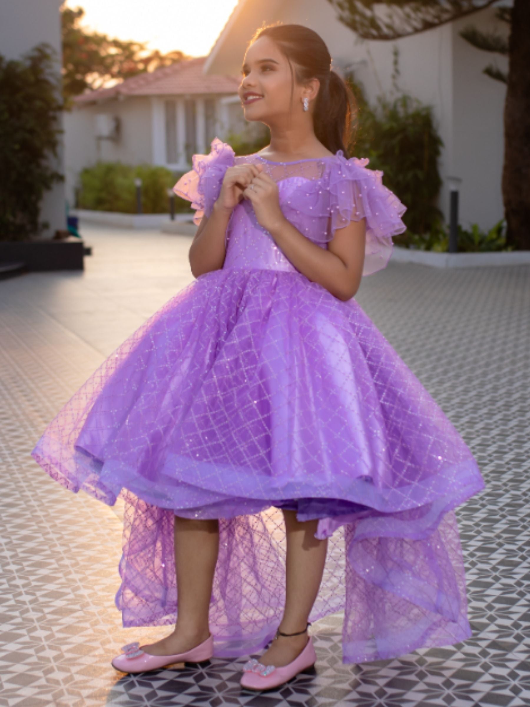 Lavender sequin High low gown with ruffle sleeves