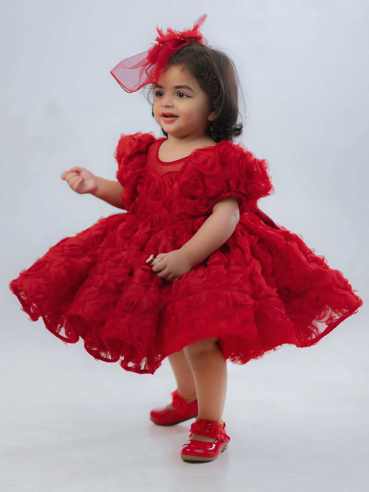 Ruby Micro-Rosette Couture Puff-Sleeve Gown