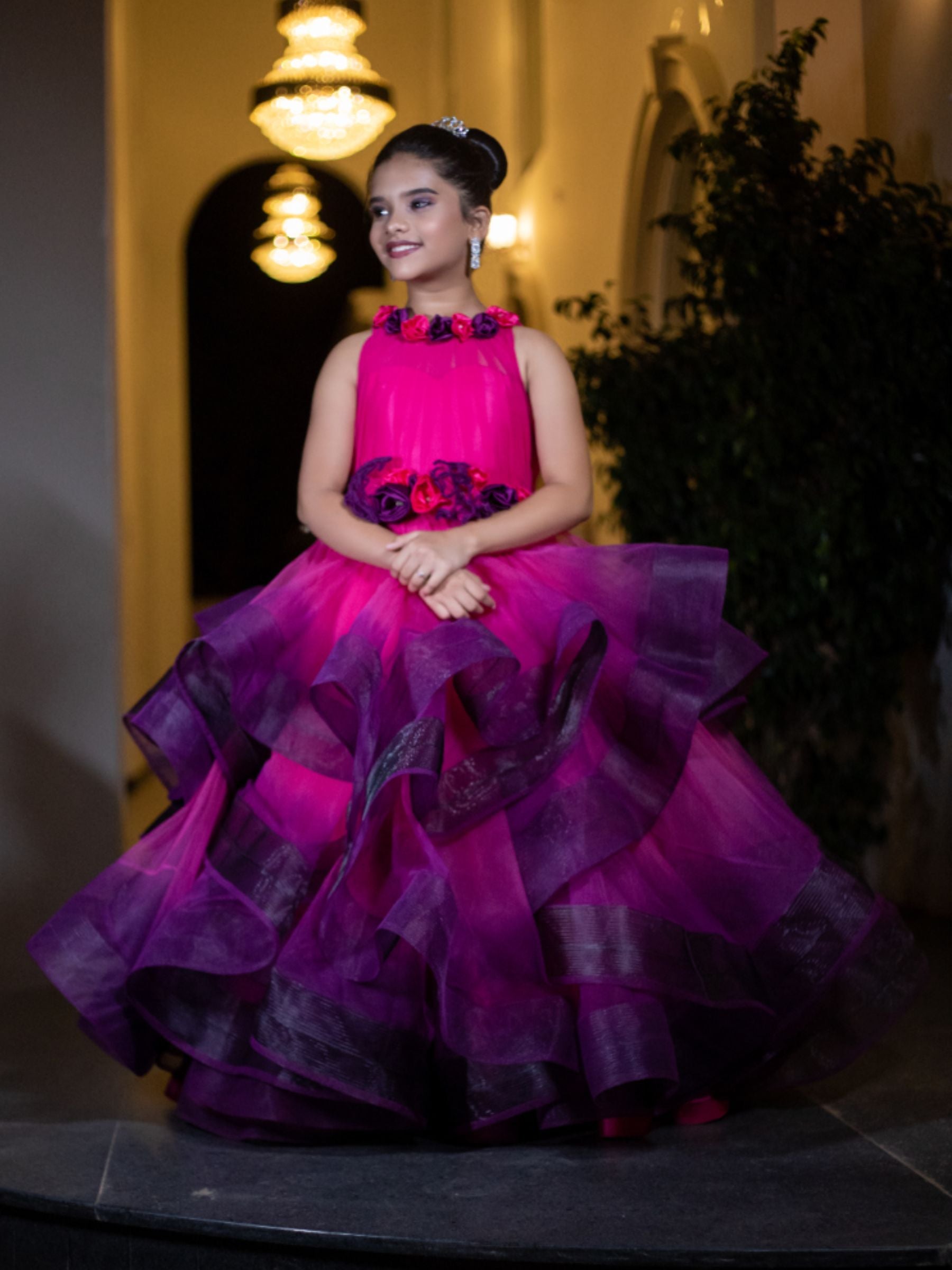 Pink and Purple Dazzling Floral Embellished Belle Gown