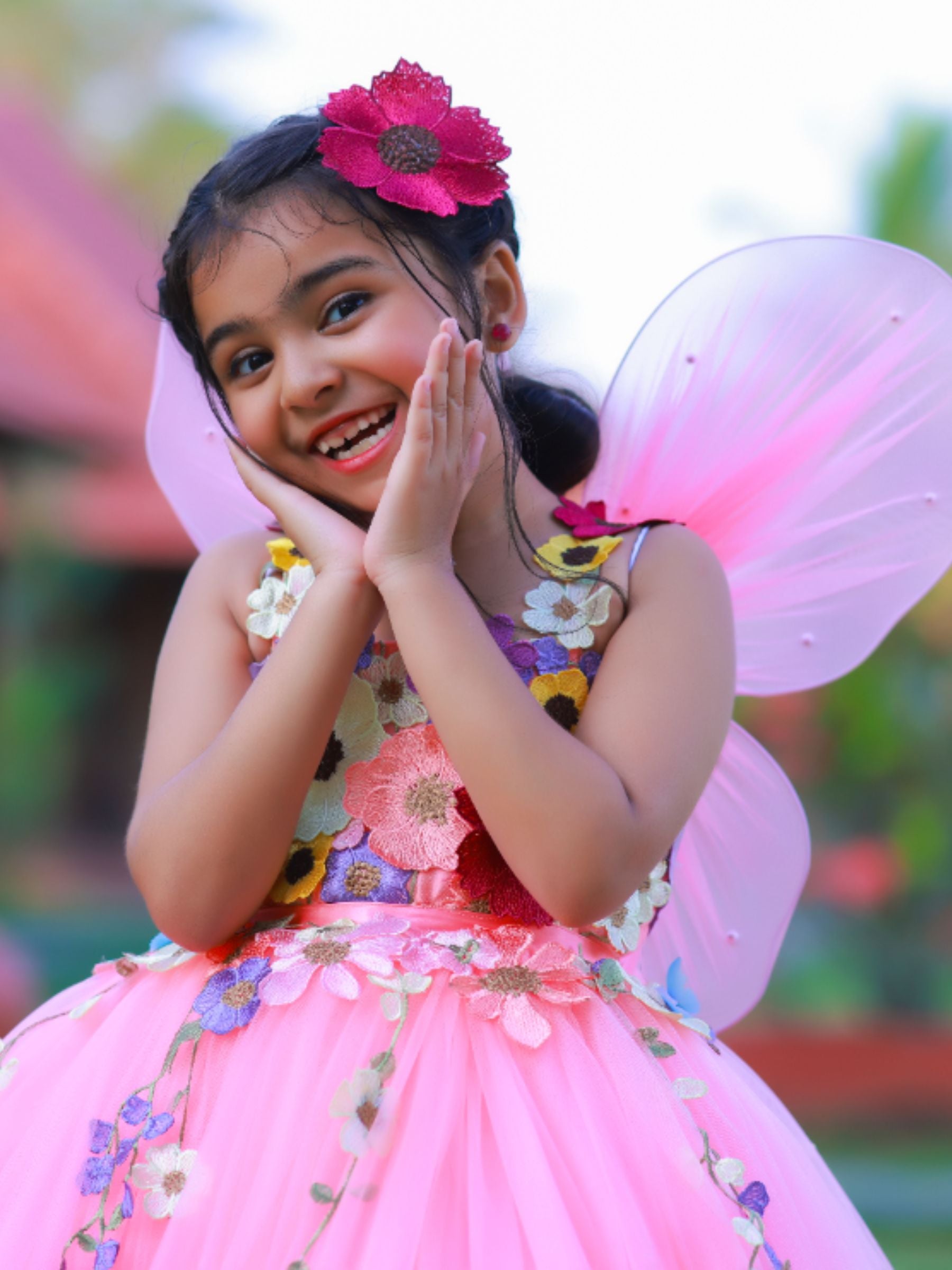 Peach Fairy Garden Floral Ball gown With Butterfly Wings