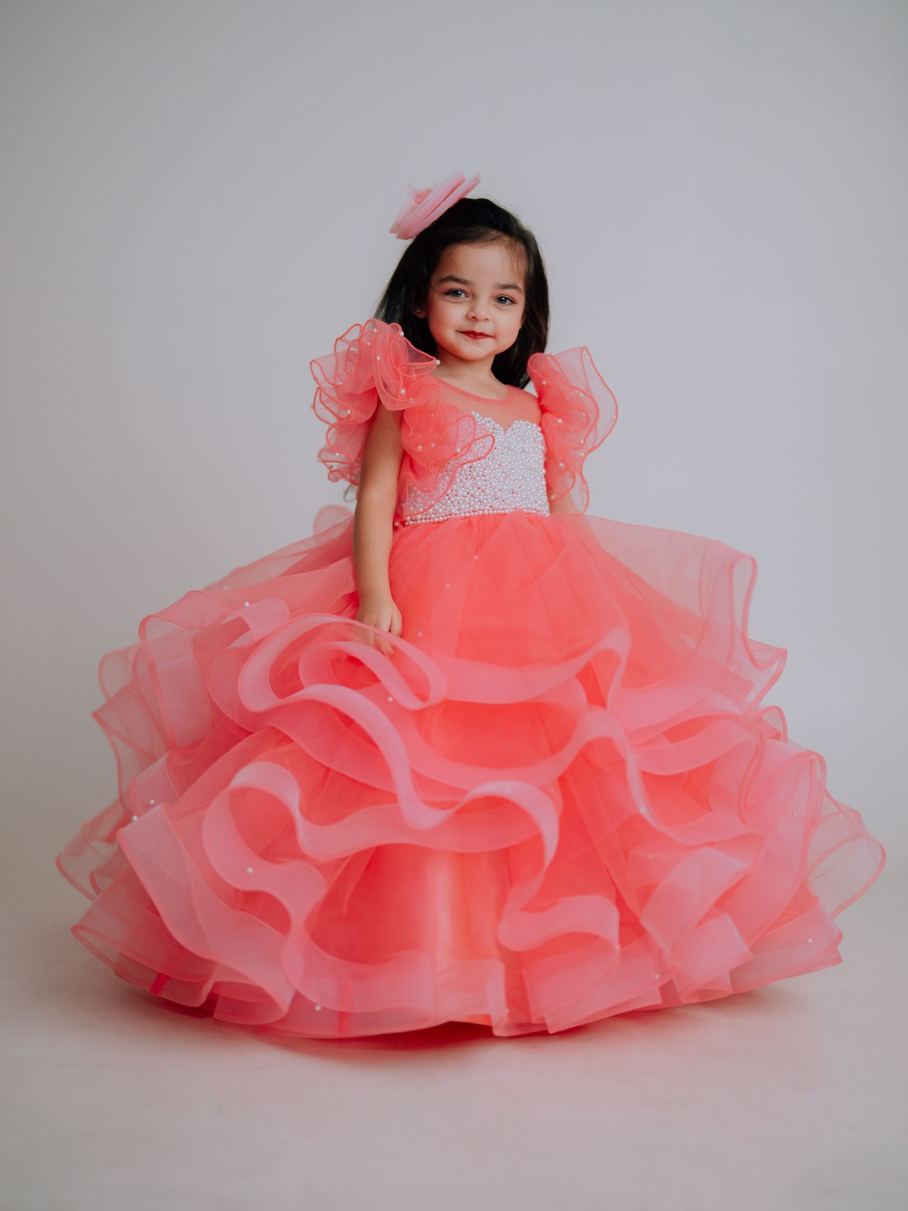 Ruffle Ball Gown With Pearl Hand Embraided Bodies