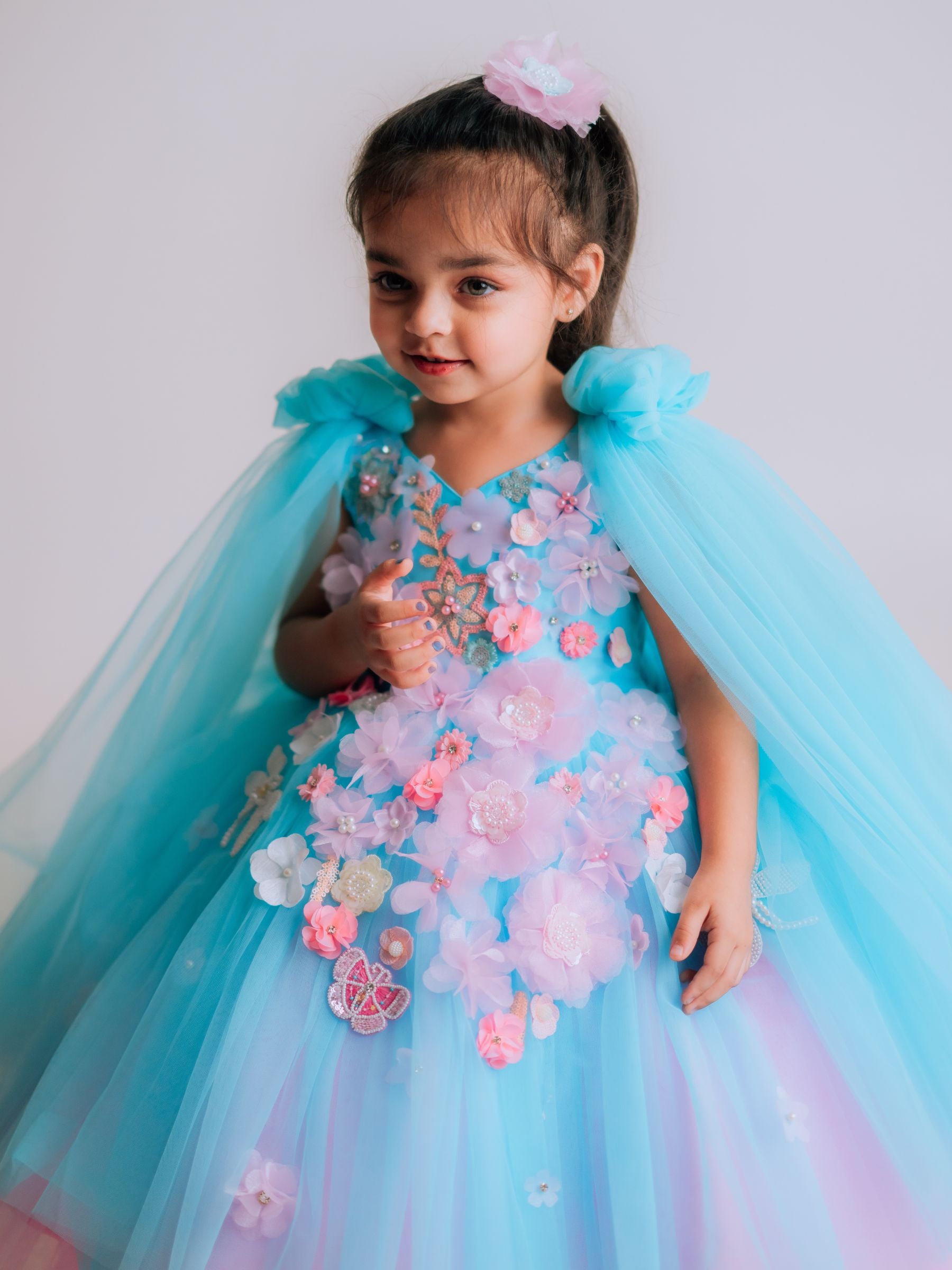 PINK AND BLUE FLORAL HALF LENGTH GOWN