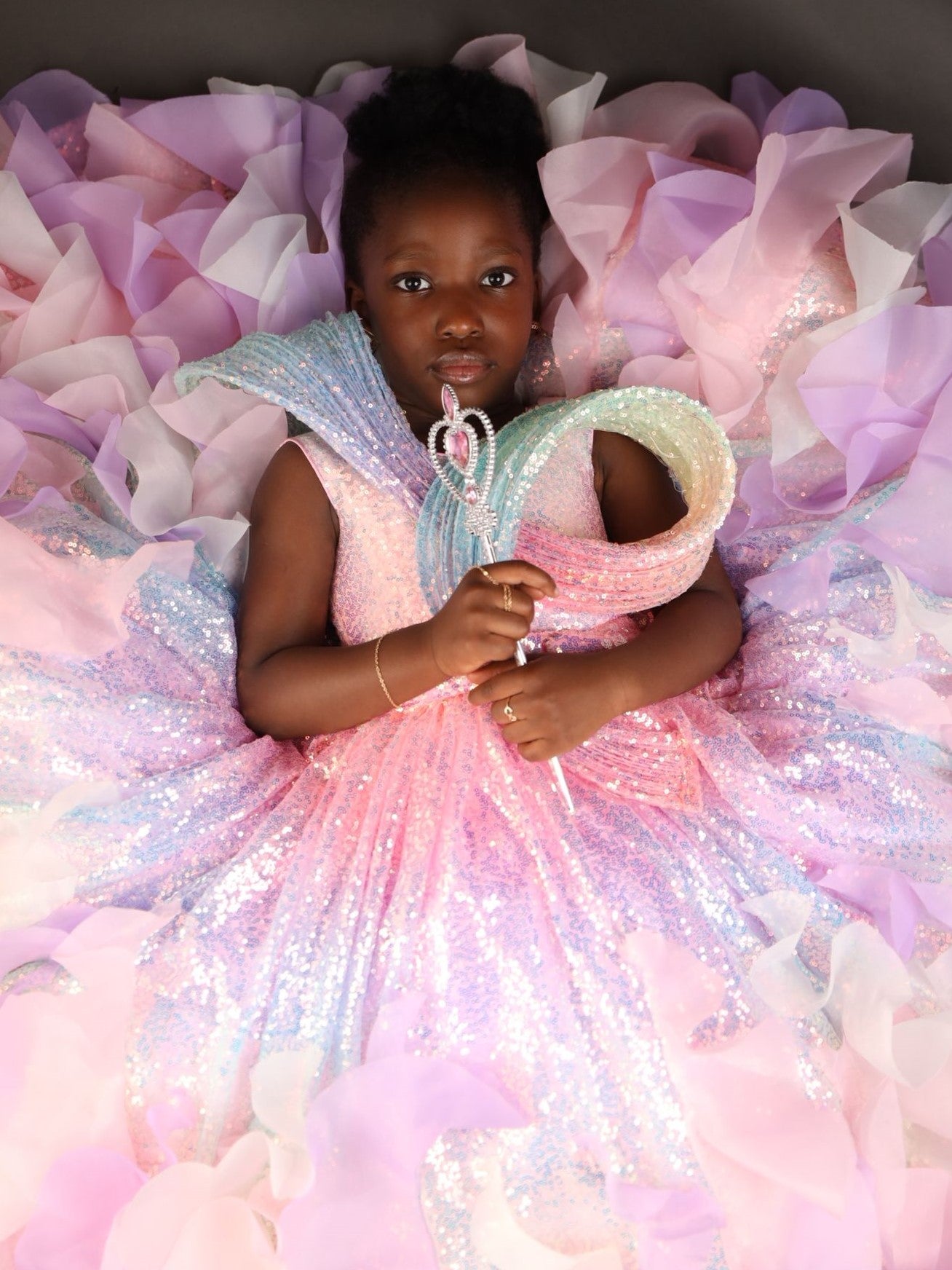 Multi colour sequence fairy ball gown with structured top